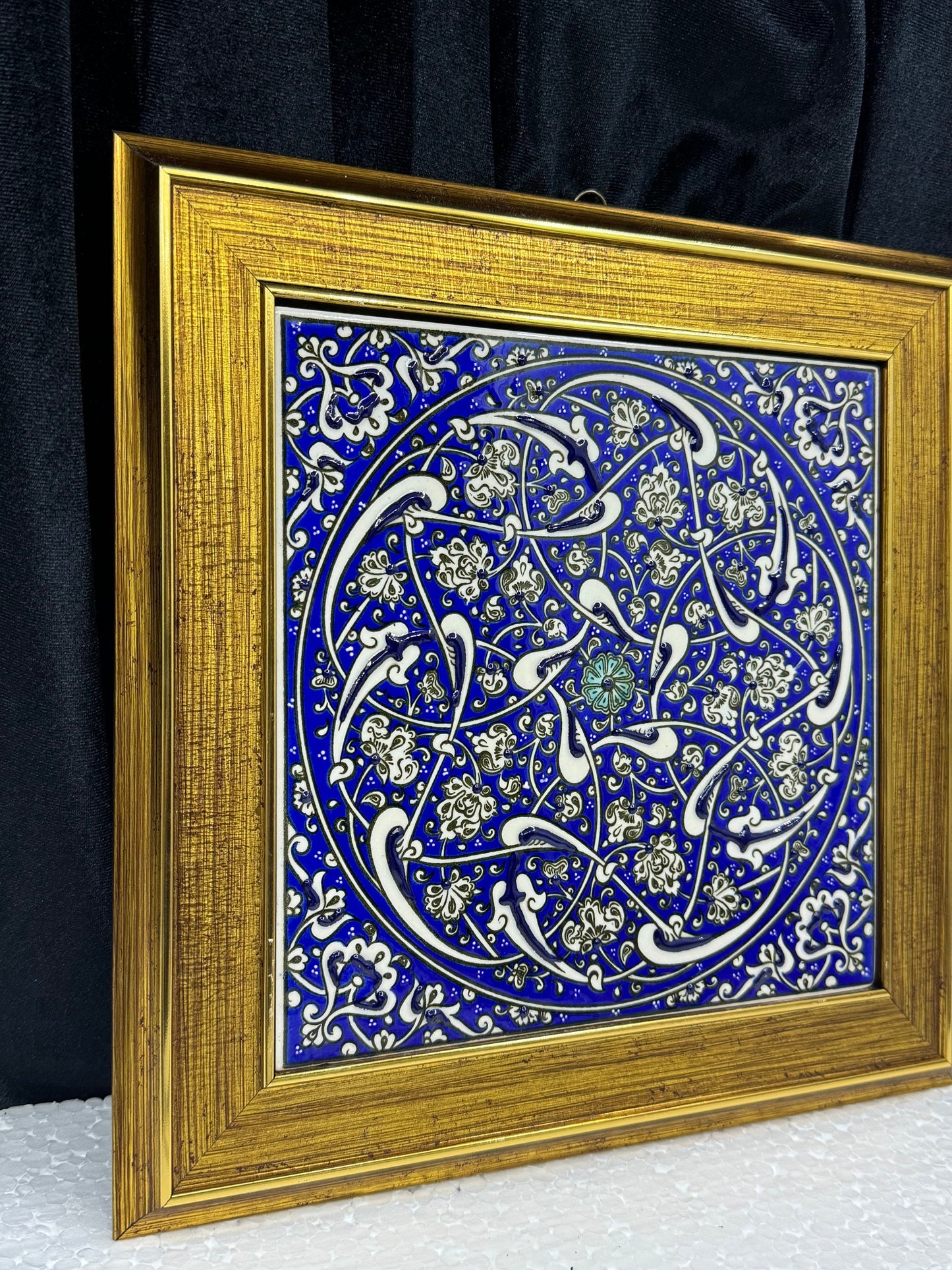 Handmade Blue Floral Ceramic Tile Wall Art – Framed Turkish Pottery Hanging Decor, Ideal Housewarming Gift