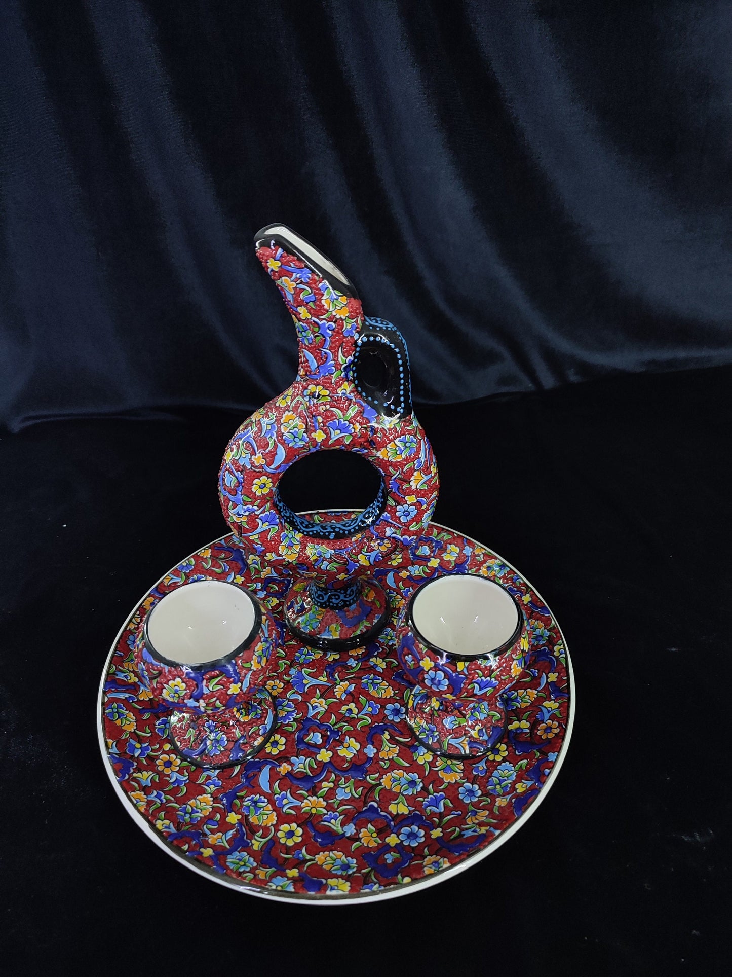 Colorful Turkish Ceramic Pitcher Set, Hand Painted Drinkware Set, Ottoman Style Tray & Cups, Boho Home Decor, 4 Piece Gift Set