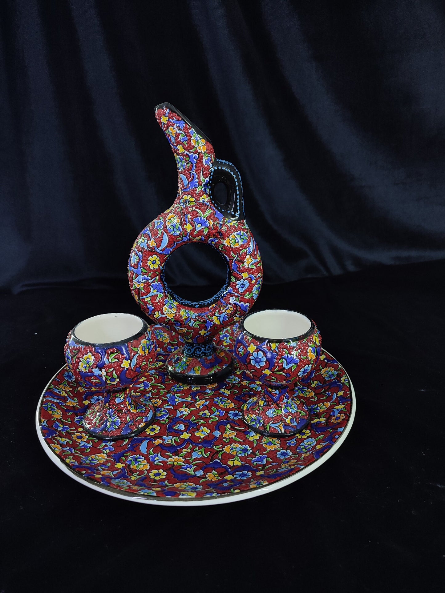 Colorful Turkish Ceramic Pitcher Set, Hand Painted Drinkware Set, Ottoman Style Tray & Cups, Boho Home Decor, 4 Piece Gift Set