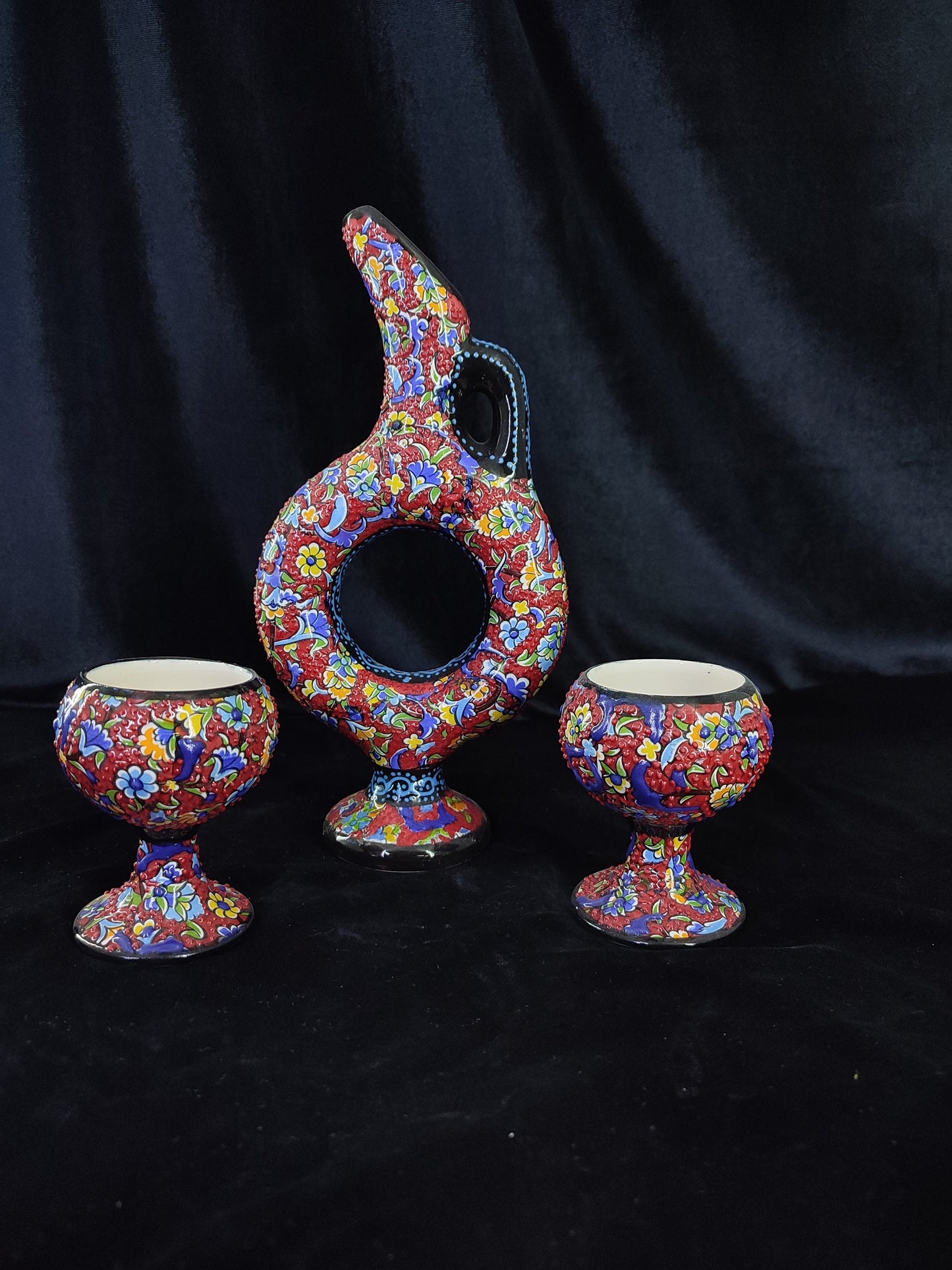 Colorful Turkish Ceramic Pitcher Set, Hand Painted Drinkware Set, Ottoman Style Tray & Cups, Boho Home Decor, 4 Piece Gift Set