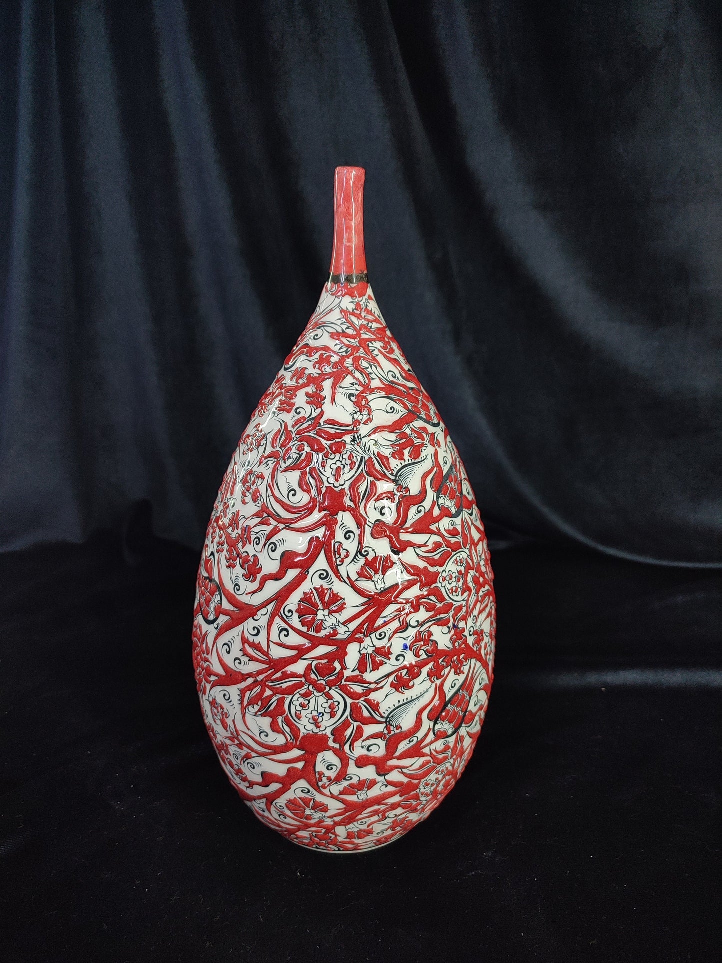 Handmade 12" Red Ceramic Vase – Glazed Embossed Floral Design, Traditional Decorative Pottery, Ideal Housewarming Gift