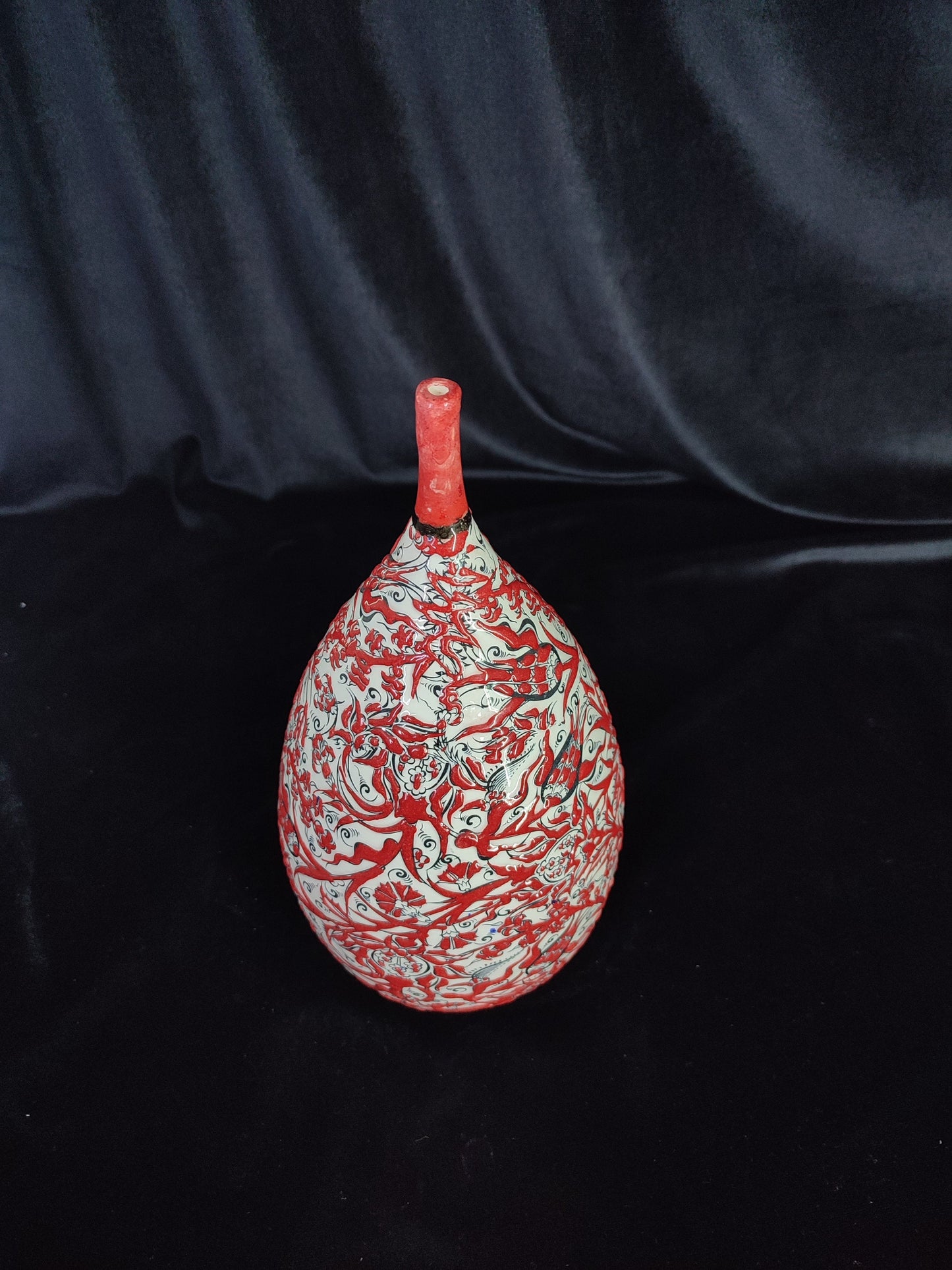 Handmade 12" Red Ceramic Vase – Glazed Embossed Floral Design, Traditional Decorative Pottery, Ideal Housewarming Gift