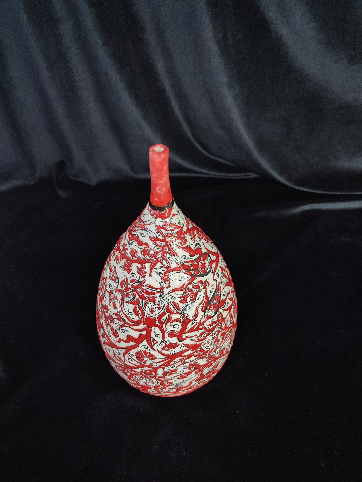 Handmade 12" Red Ceramic Vase – Glazed Embossed Floral Design, Traditional Decorative Pottery, Ideal Housewarming Gift
