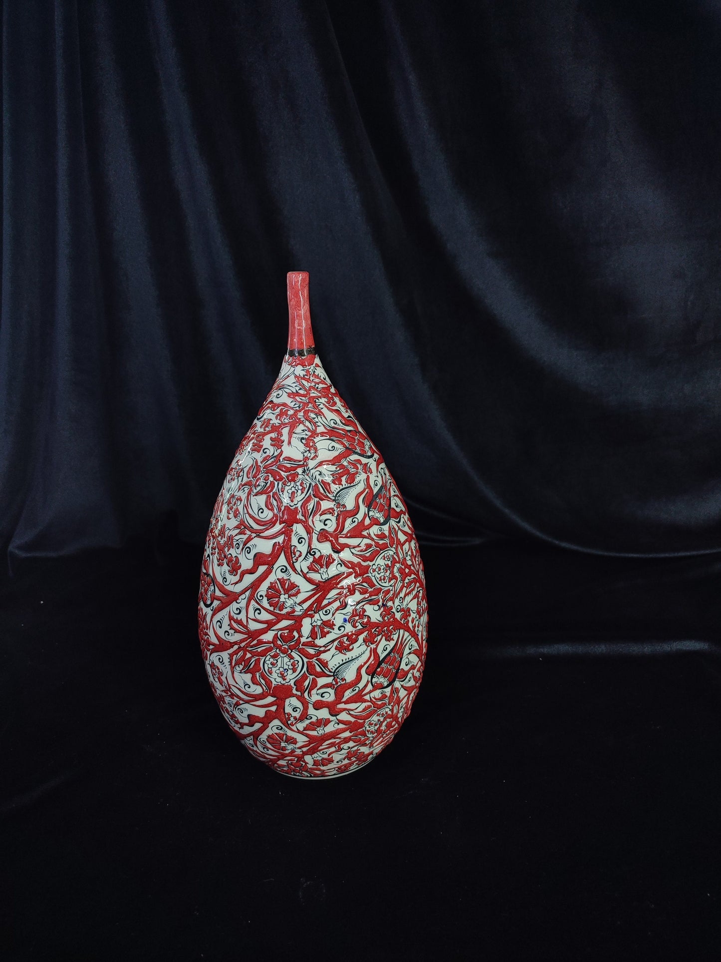 Handmade 12" Red Ceramic Vase – Glazed Embossed Floral Design, Traditional Decorative Pottery, Ideal Housewarming Gift