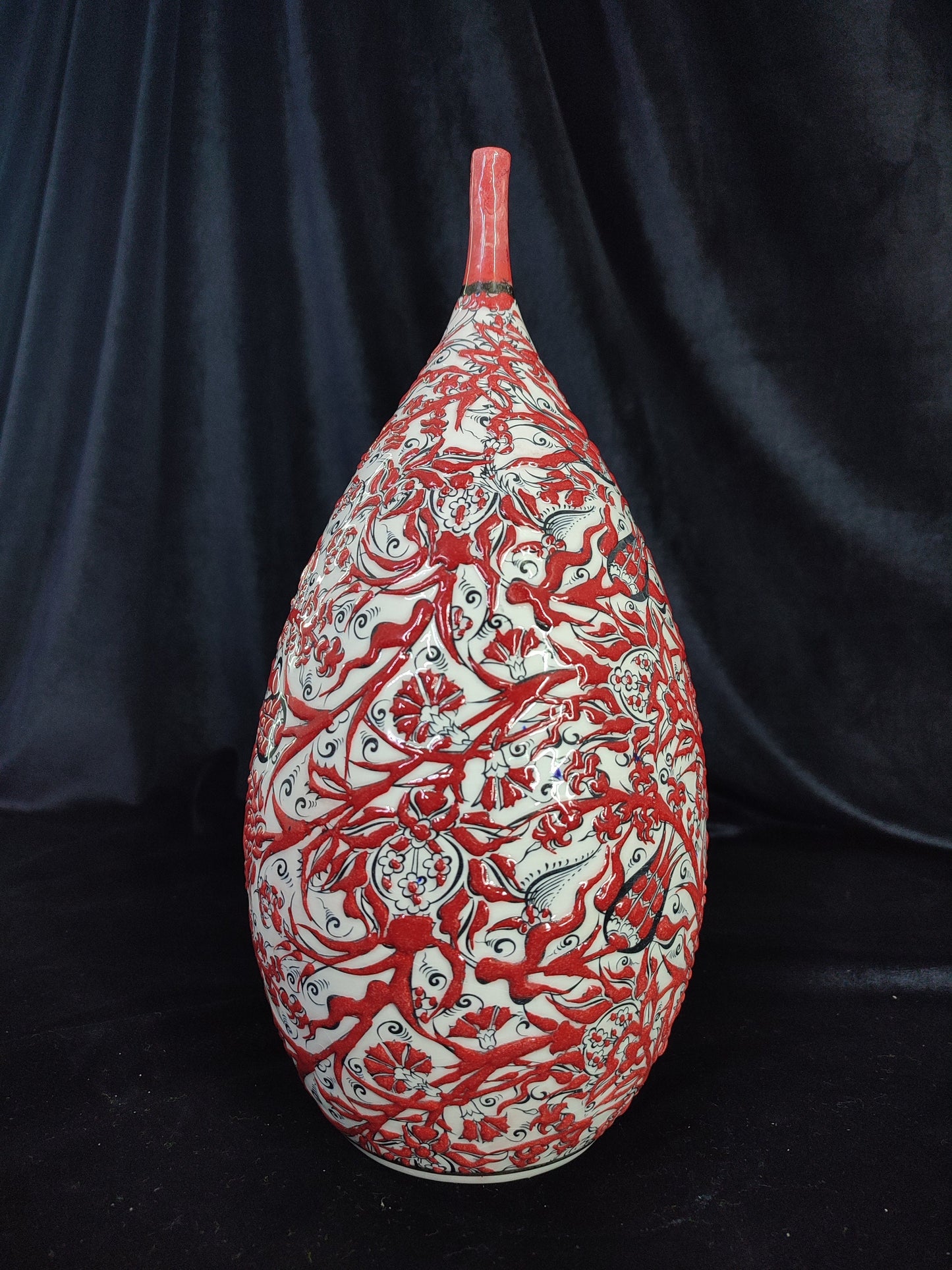 Handmade 12" Red Ceramic Vase – Glazed Embossed Floral Design, Traditional Decorative Pottery, Ideal Housewarming Gift