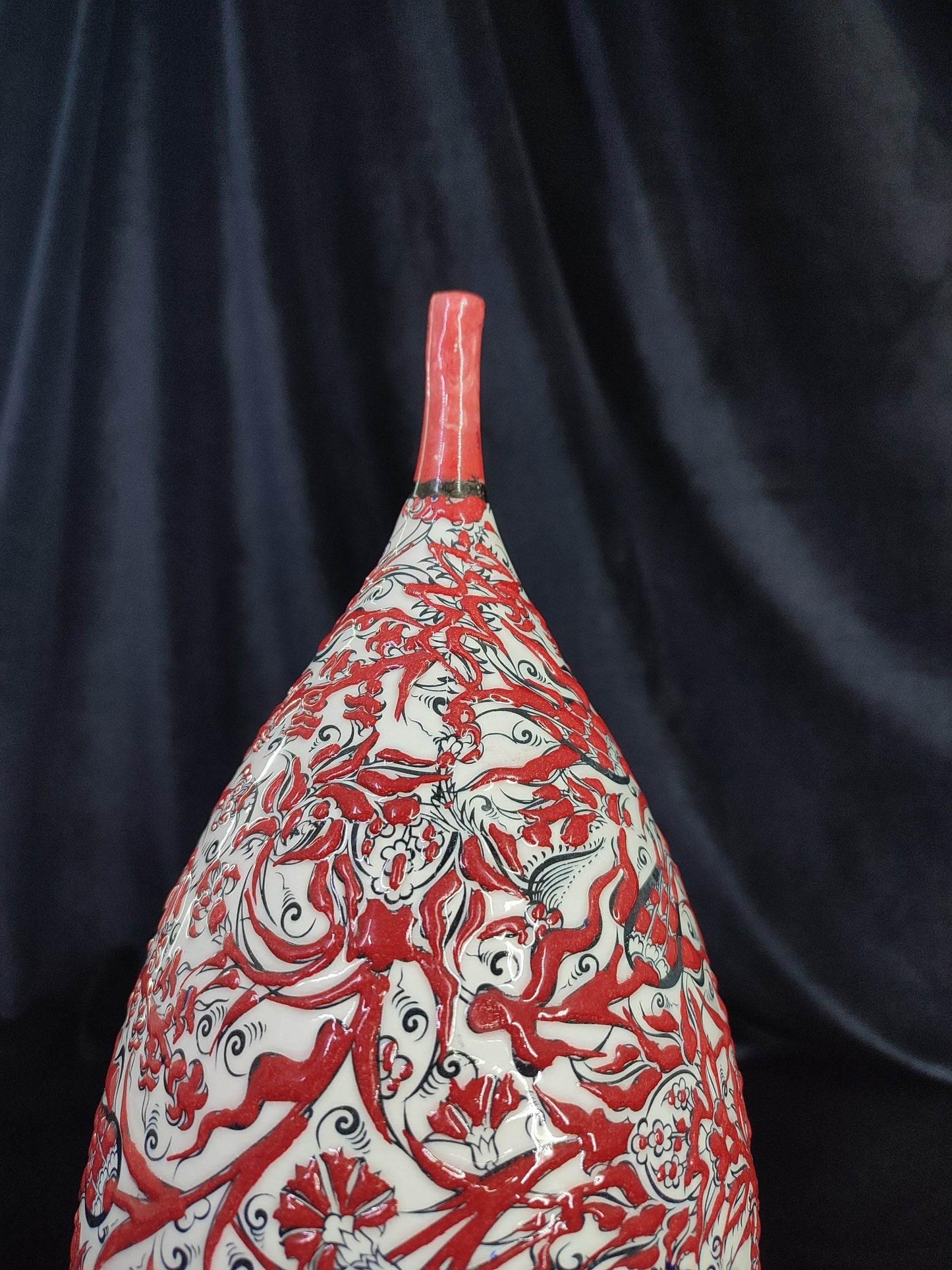 Handmade 12" Red Ceramic Vase – Glazed Embossed Floral Design, Traditional Decorative Pottery, Ideal Housewarming Gift