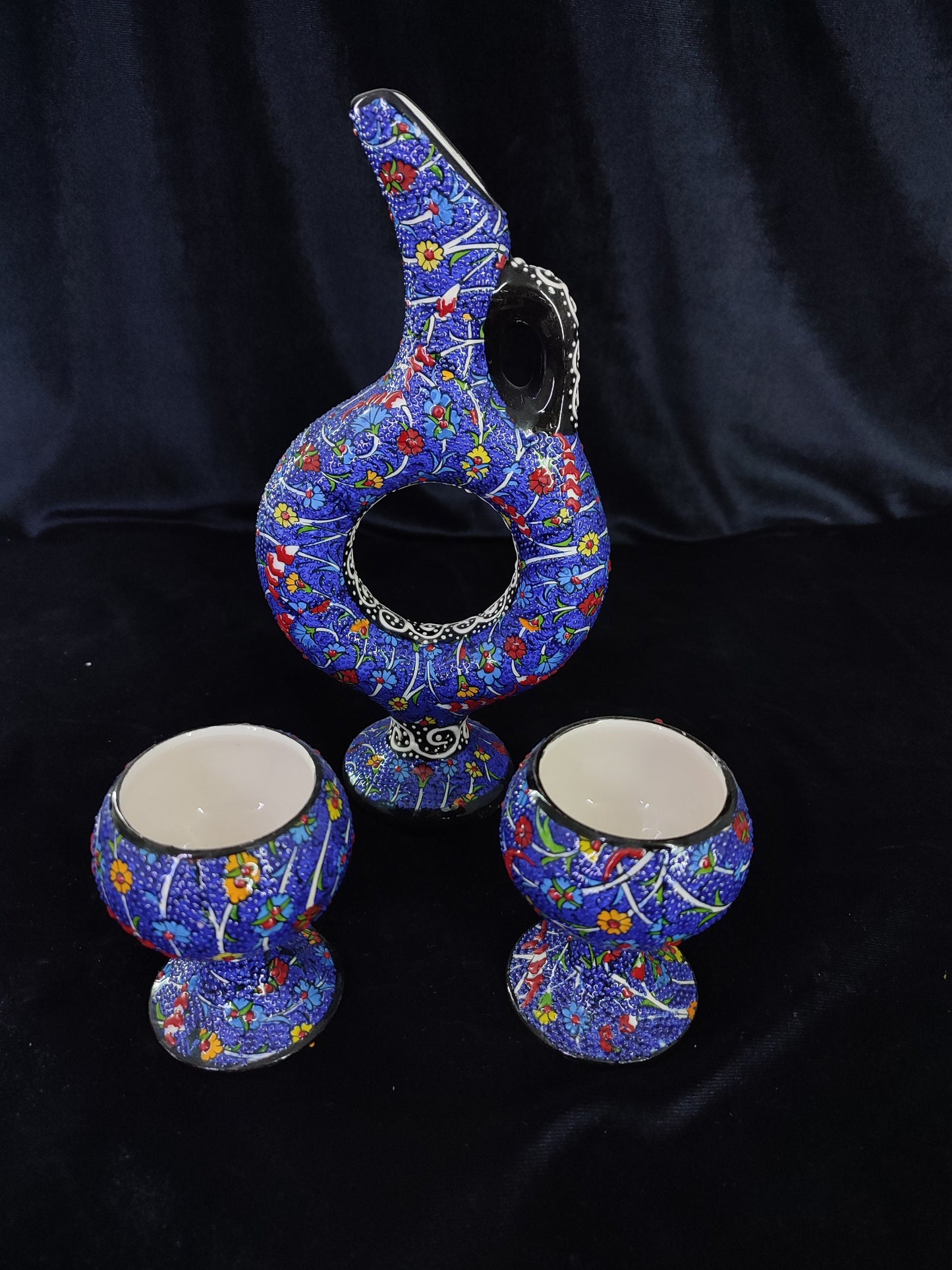Blue Turkish Ceramic Drinkware Set, Handmade Pitcher & Cups with Tray, Embossed Floral Design, Anatolian Pottery, Decorative Gift Set