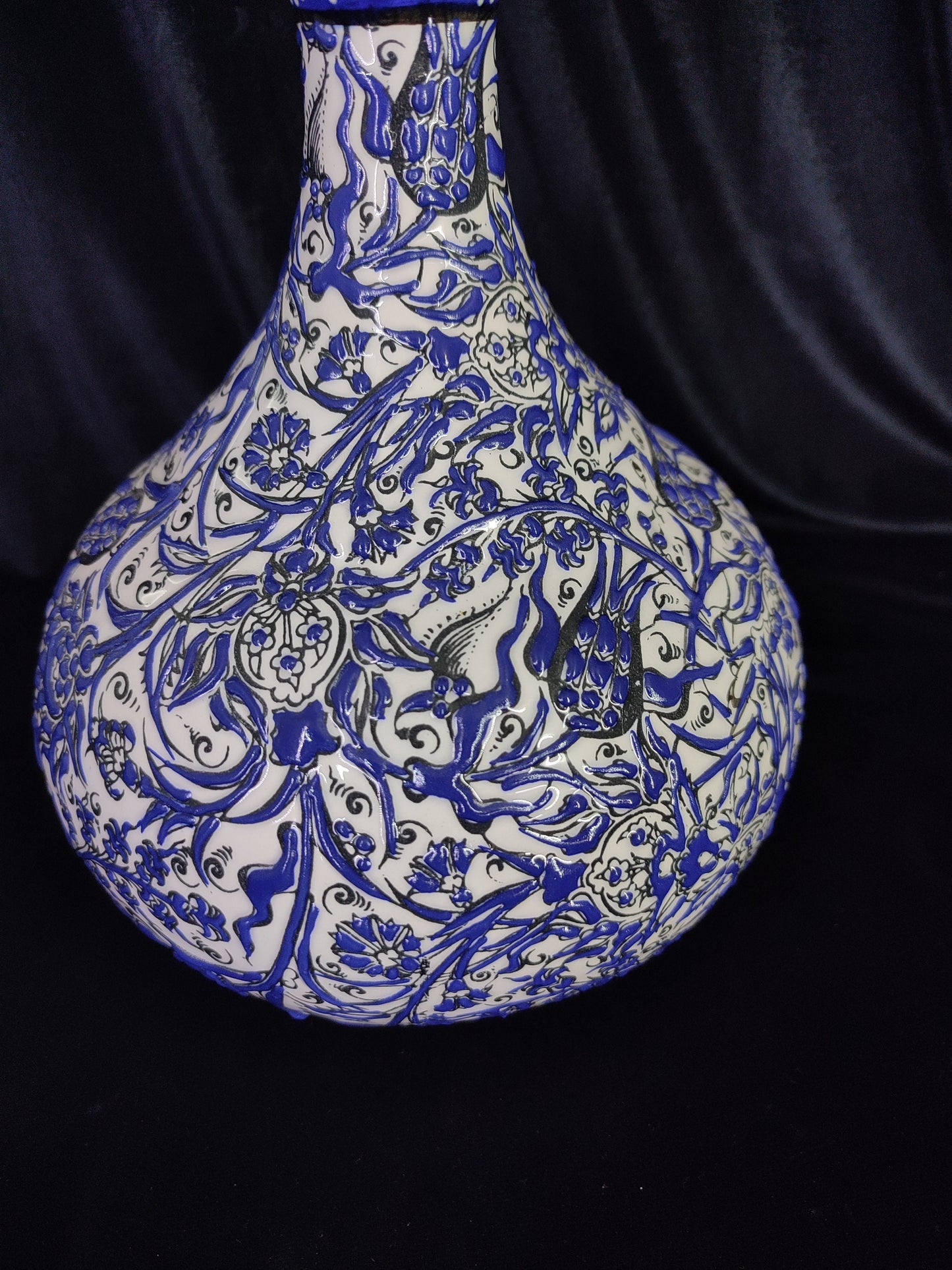 Handmade Turkish Ceramic Vase – 12" Blue Floral Pottery Vase, Decorative Anatolian Vase, Collectible Hand-Painted Vase