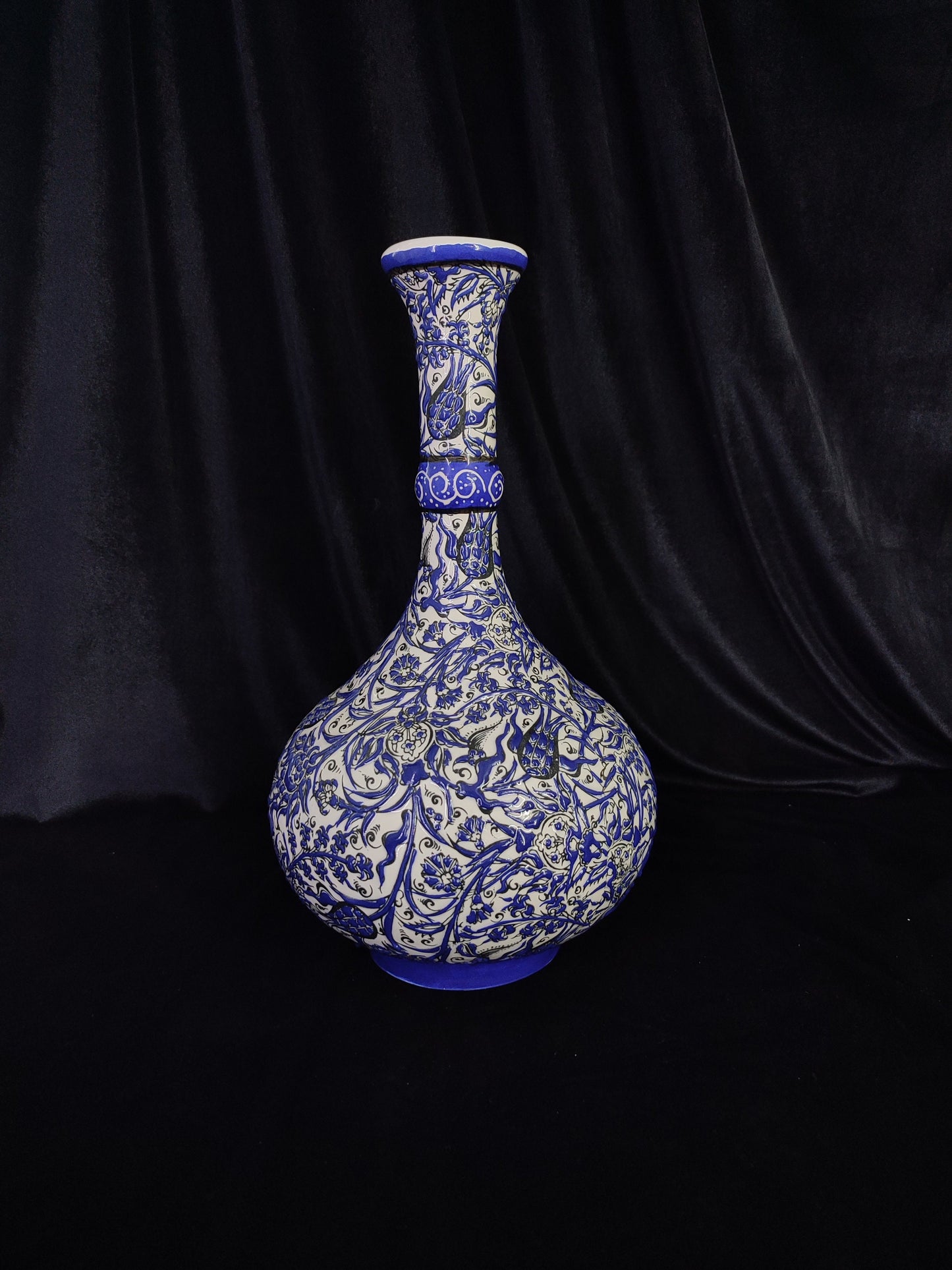 Handmade Turkish Ceramic Vase – 12" Blue Floral Pottery Vase, Decorative Anatolian Vase, Collectible Hand-Painted Vase