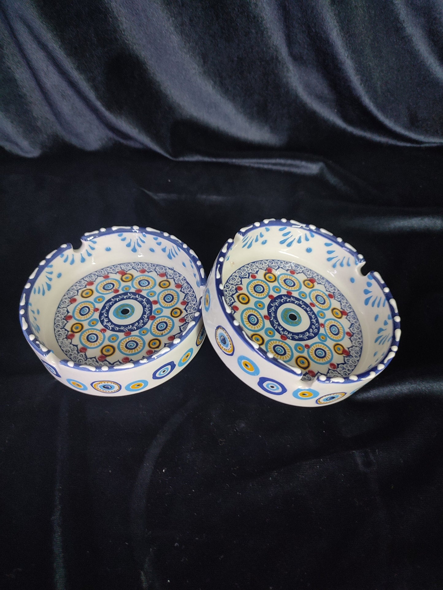 Handmade Evil Eye Ceramic Ashtray Set with Lids | Turkish Floral Ashtray Decor | Nazar Protection Gift | Set of 2