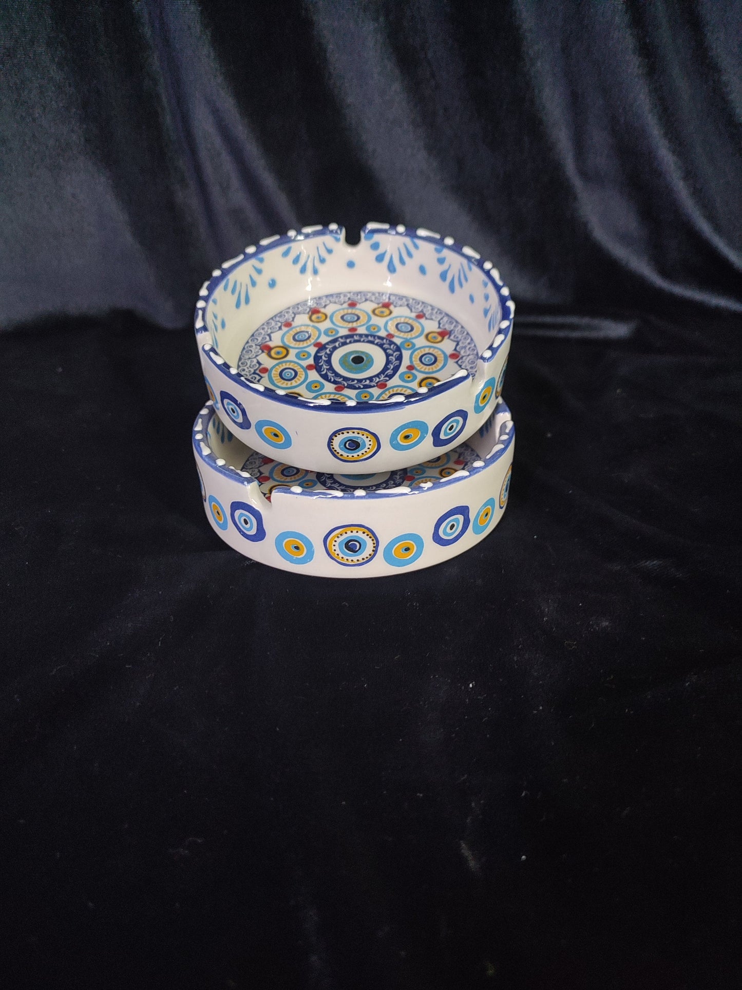 Handmade Evil Eye Ceramic Ashtray Set with Lids | Turkish Floral Ashtray Decor | Nazar Protection Gift | Set of 2