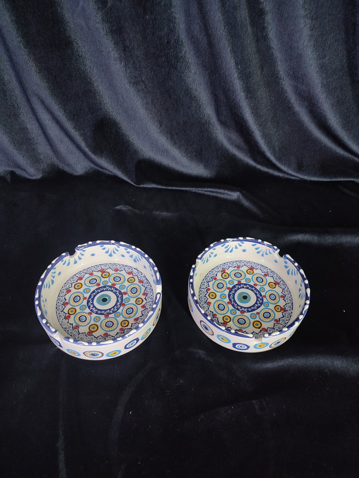 Handmade Evil Eye Ceramic Ashtray Set with Lids | Turkish Floral Ashtray Decor | Nazar Protection Gift | Set of 2