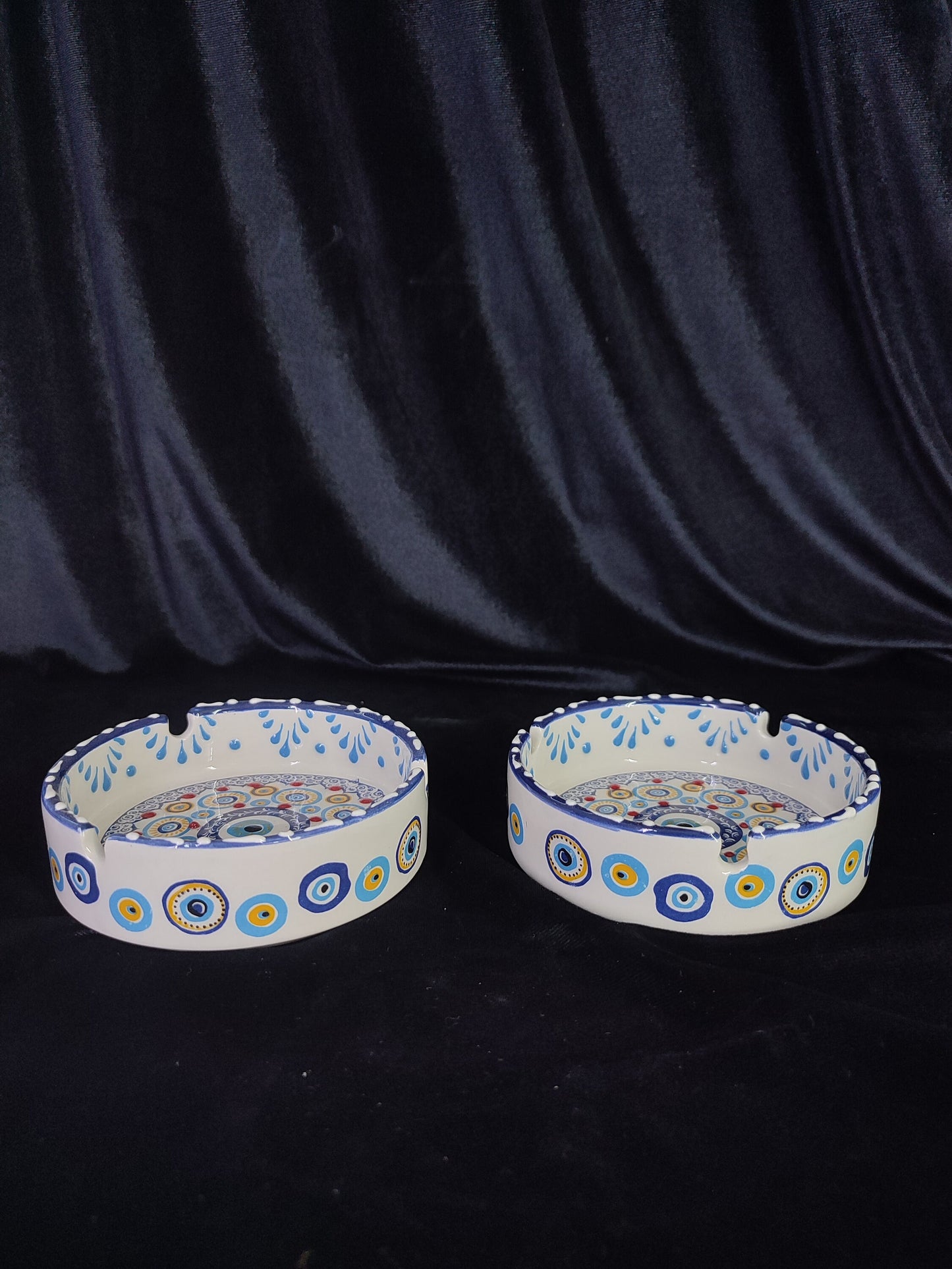 Handmade Evil Eye Ceramic Ashtray Set with Lids | Turkish Floral Ashtray Decor | Nazar Protection Gift | Set of 2