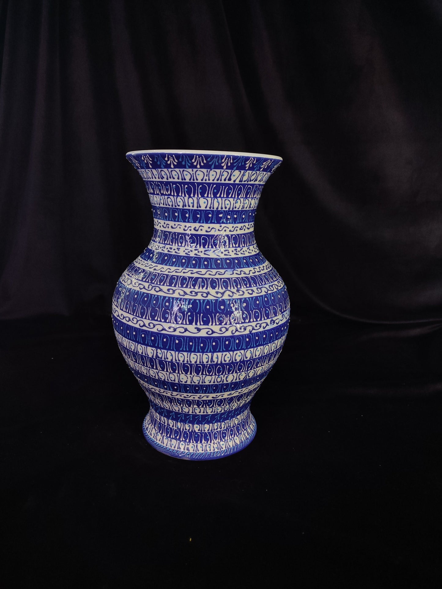 Handmade Blue Mandala Striped Ceramic Vase – 12" Modern Turkish Pottery, Decorative Anatolian Design, Ideal Housewarming Gift