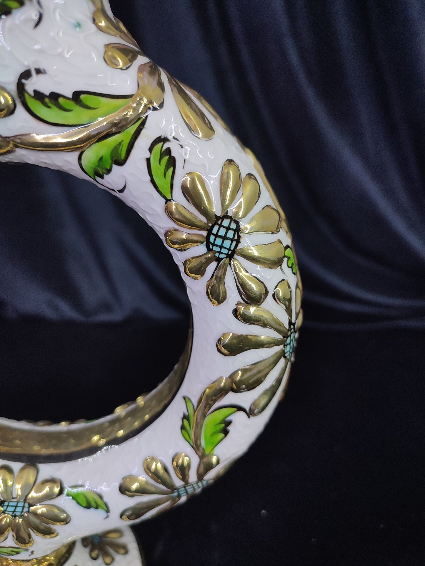 Handmade Turkish Hittite Ceramic Pitcher with Gold Floral Design – Traditional Collectible Pottery Vase