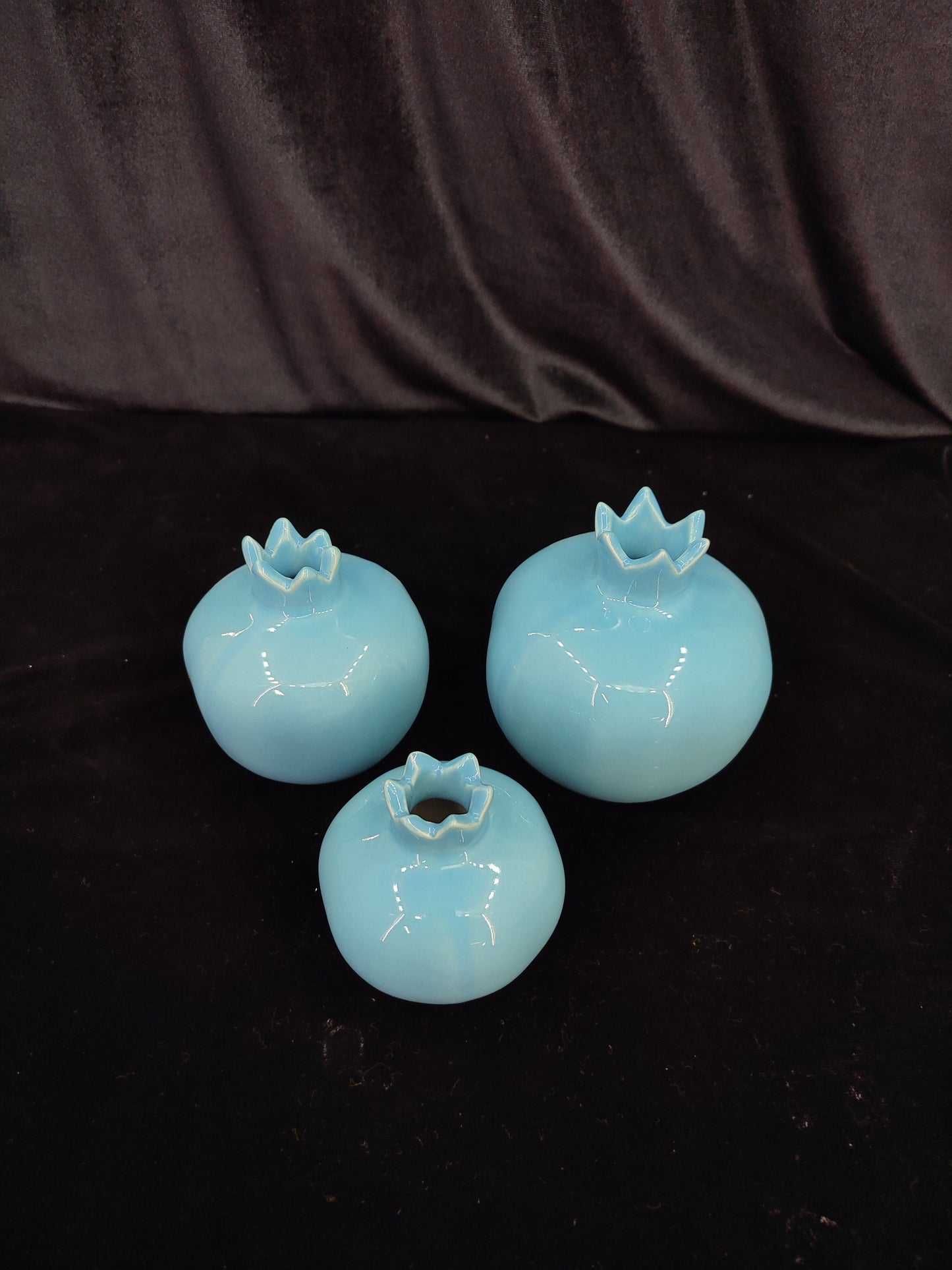 Handmade Blue Ceramic Pomegranate Set – Set of 3 Decorative Turkish Pottery Vases, Unique Table Centerpiece