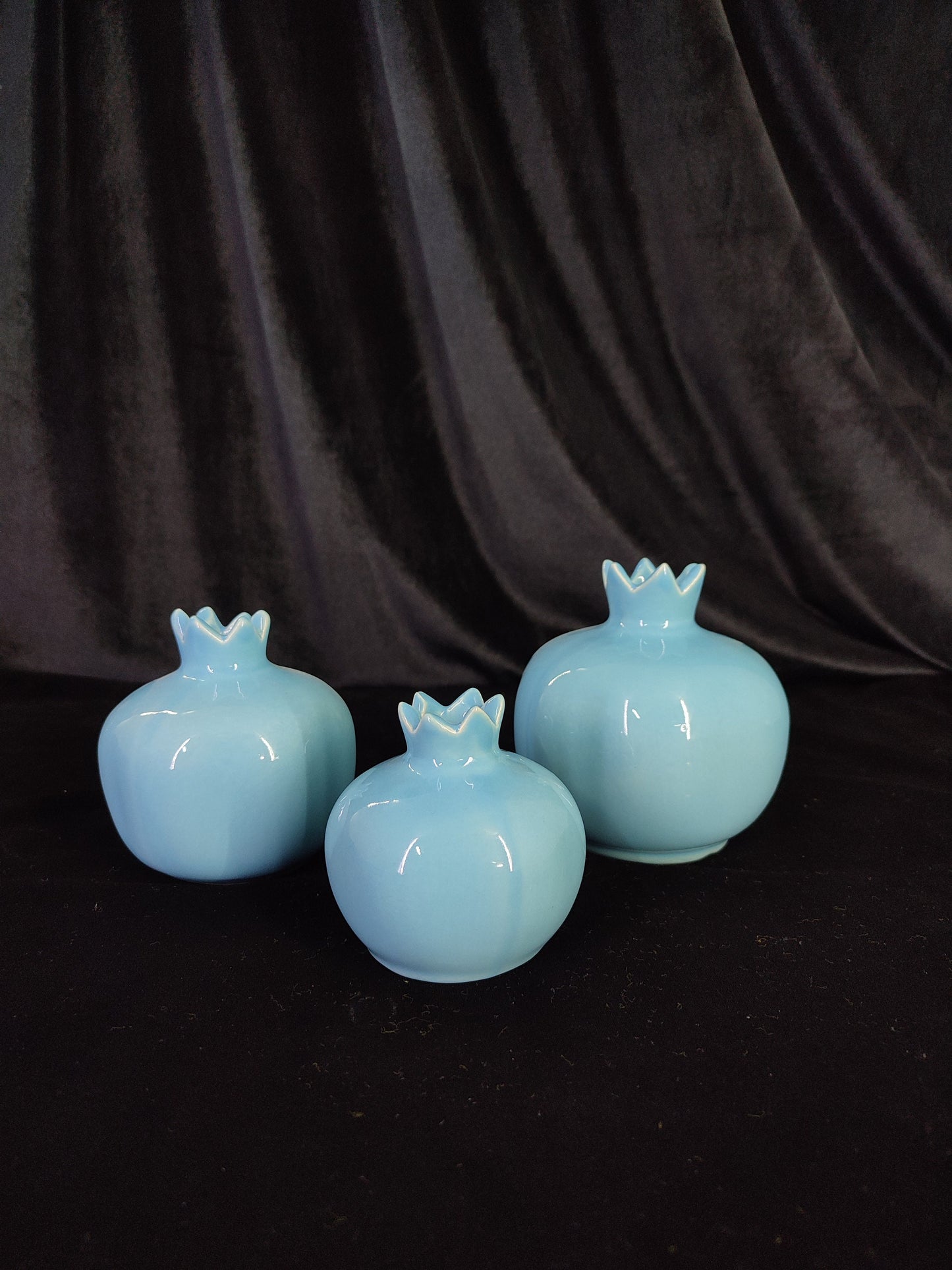 Handmade Blue Ceramic Pomegranate Set – Set of 3 Decorative Turkish Pottery Vases, Unique Table Centerpiece