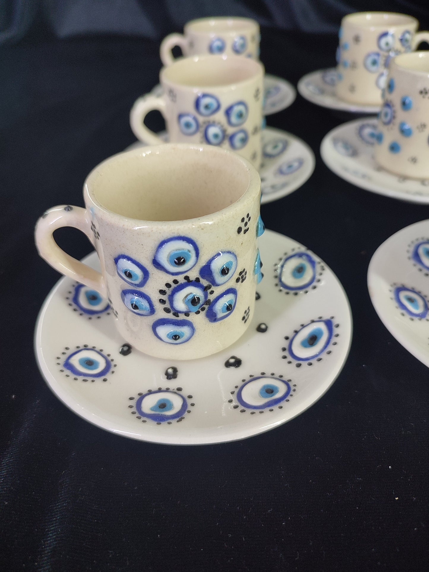Handmade Turkish Coffee Set for 6 – Evil Eye Ceramic Mugs with Saucers, Traditional Coffee Set, Unique Gift Idea, Pottery Coffee Set