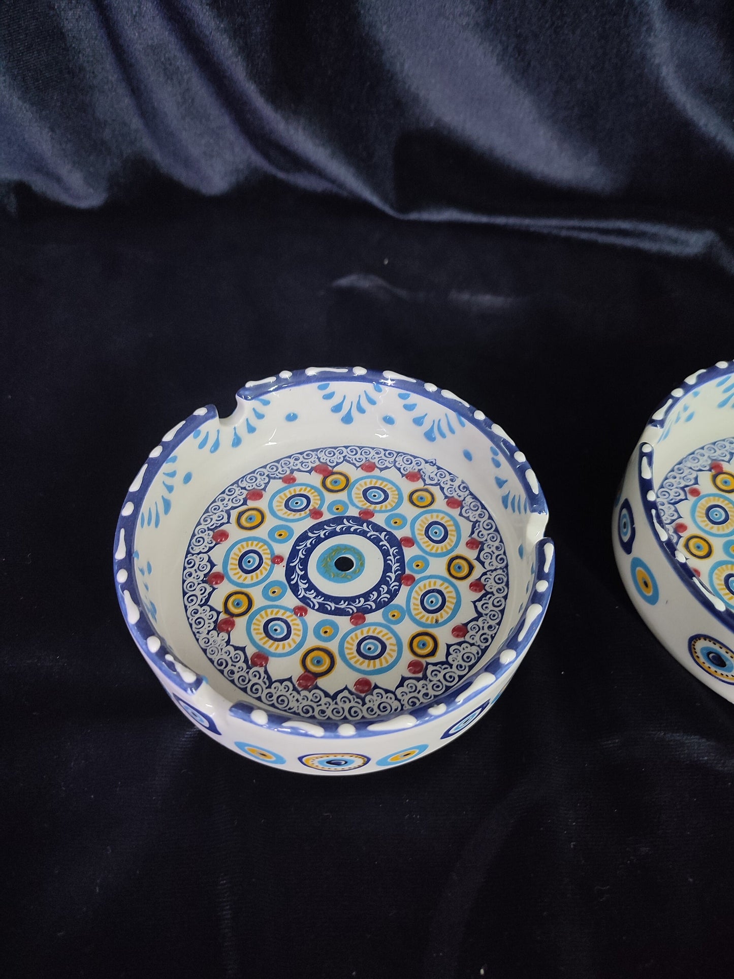 Handmade Evil Eye Ceramic Ashtray Set with Lids | Turkish Floral Ashtray Decor | Nazar Protection Gift | Set of 2