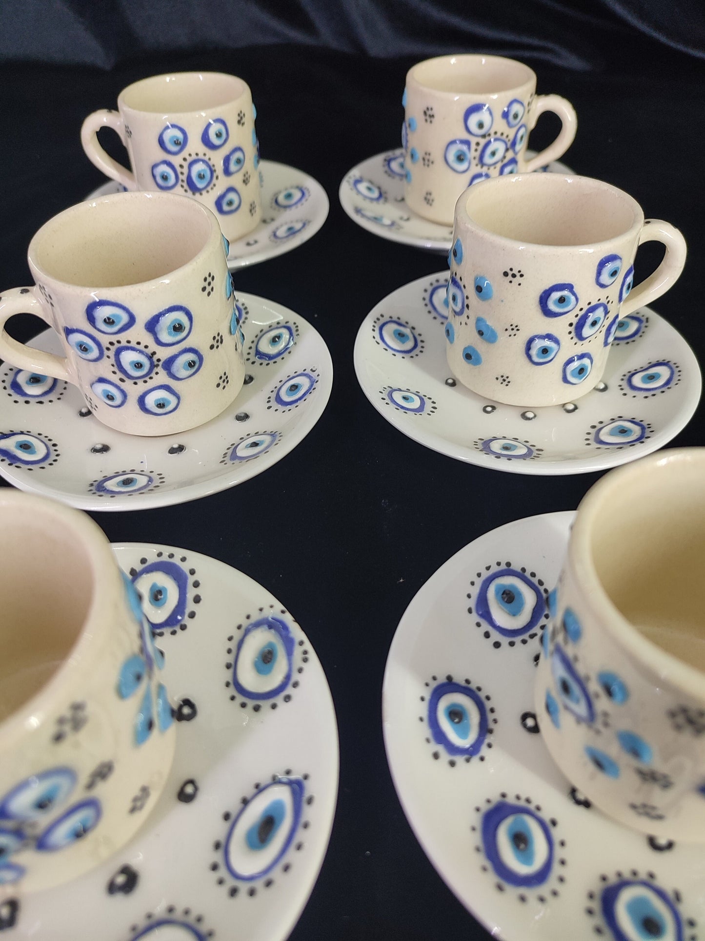 Handmade Turkish Coffee Set for 6 – Evil Eye Ceramic Mugs with Saucers, Traditional Coffee Set, Unique Gift Idea, Pottery Coffee Set