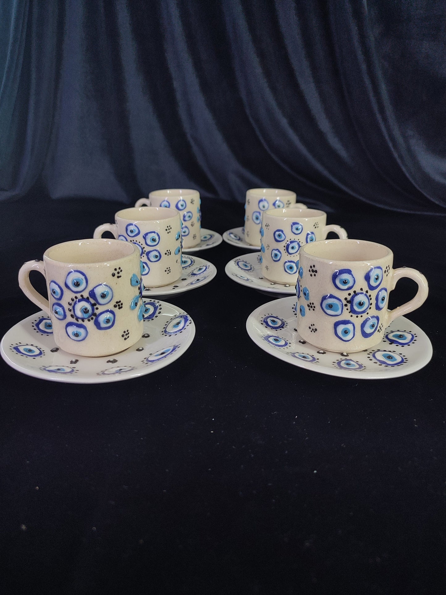 Handmade Turkish Coffee Set for 6 – Evil Eye Ceramic Mugs with Saucers, Traditional Coffee Set, Unique Gift Idea, Pottery Coffee Set