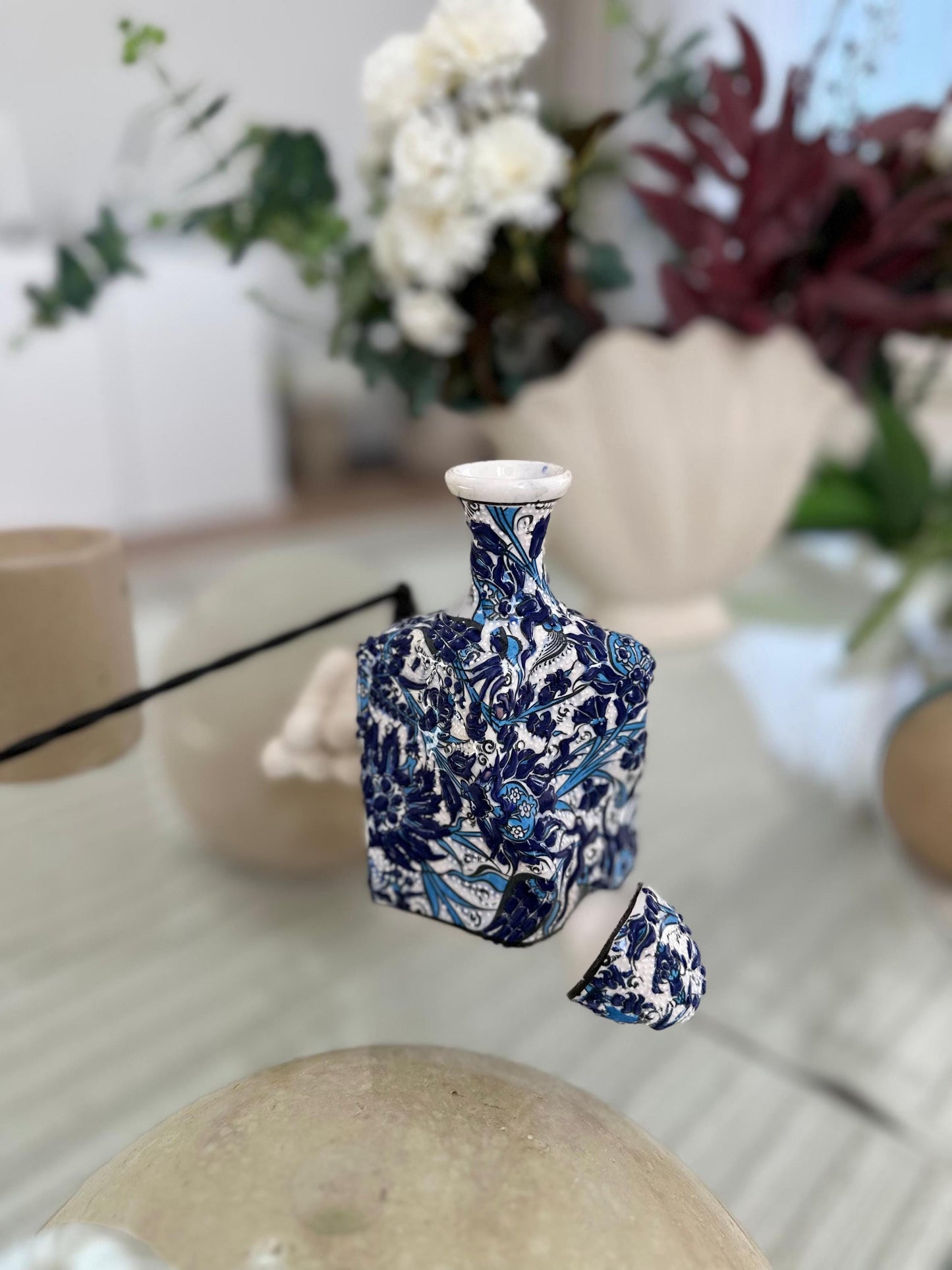 Handmade Ceramic Bottle β Blue Floral Design, Turkish Pottery, Unique Decorative Gift, Traditional Art for Home or Collection