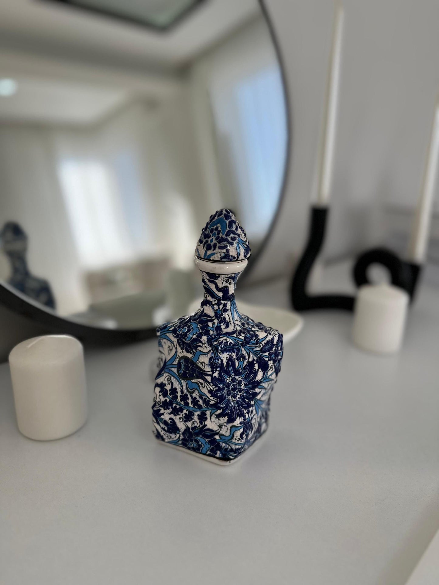 Handmade Ceramic Bottle β Blue Floral Design, Turkish Pottery, Unique Decorative Gift, Traditional Art for Home or Collection