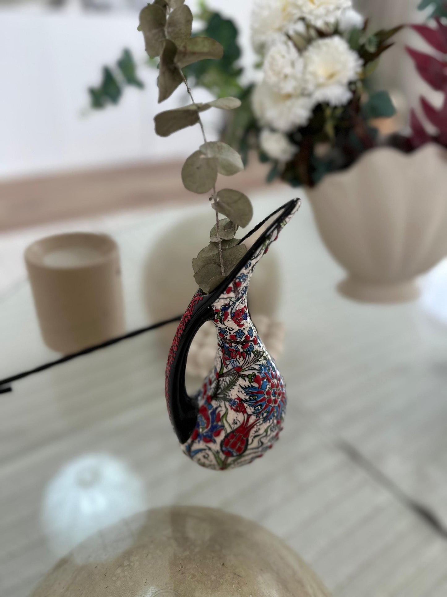 Handmade Turkish Pelican Ceramic Figurine - Iznik Style Decorative Ornament with Floral Patterns - Unique Home Decor Gift