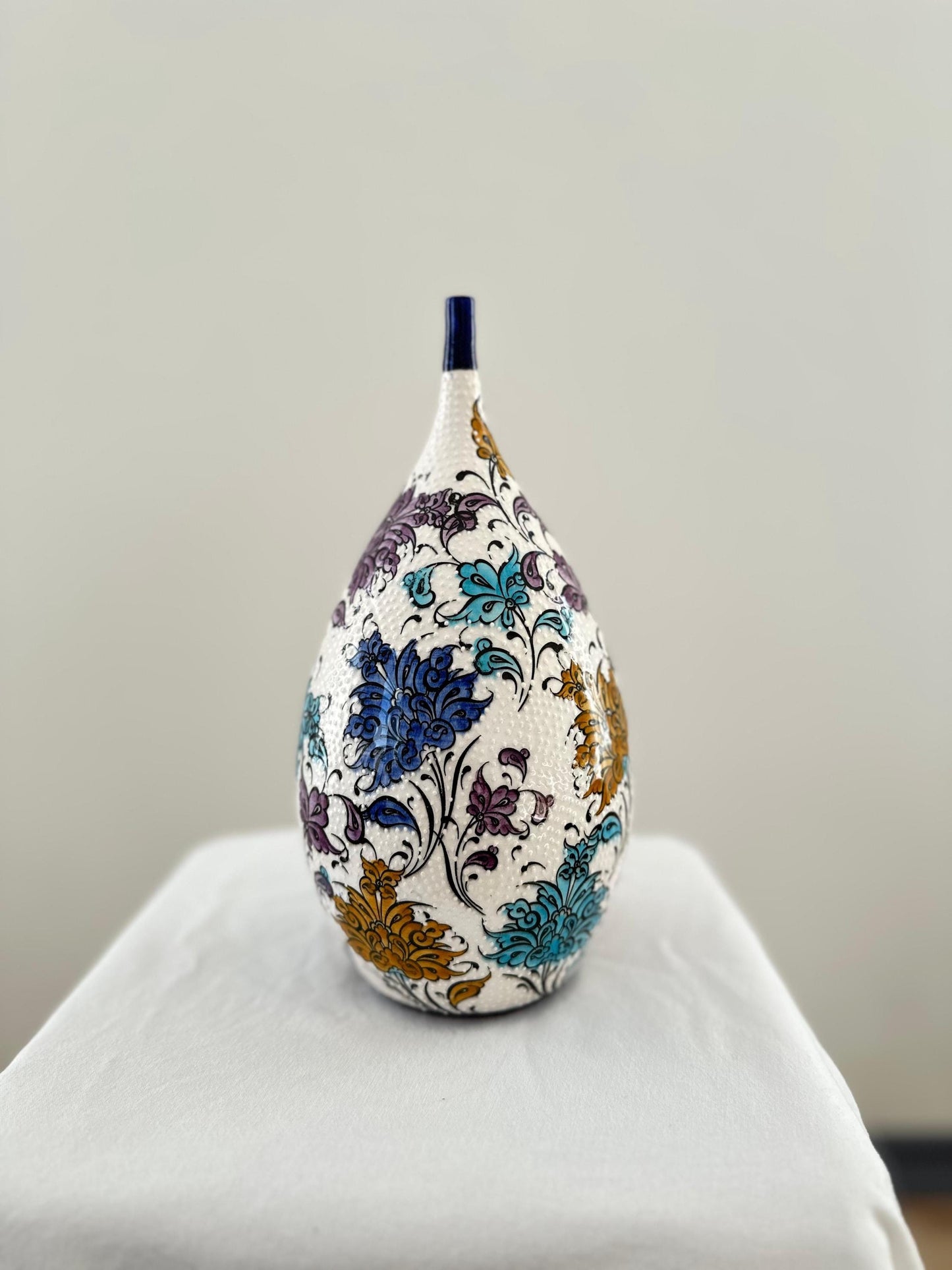 Handmade Turkish Ceramic Vase with Floral Patterns, Tear Drop Design, Hand-Painted Home Decor, Unique Gift, Bohemian Accent Piece