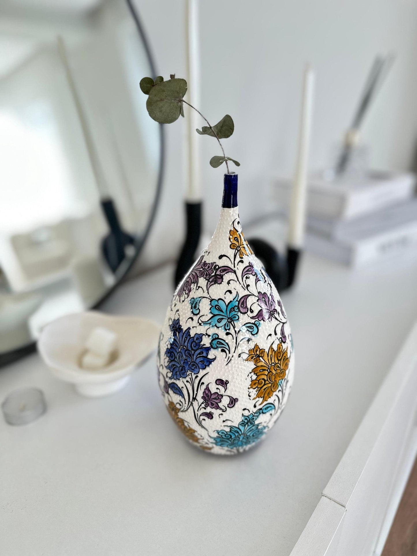 Handmade Turkish Ceramic Vase with Floral Patterns, Tear Drop Design, Hand-Painted Home Decor, Unique Gift, Bohemian Accent Piece