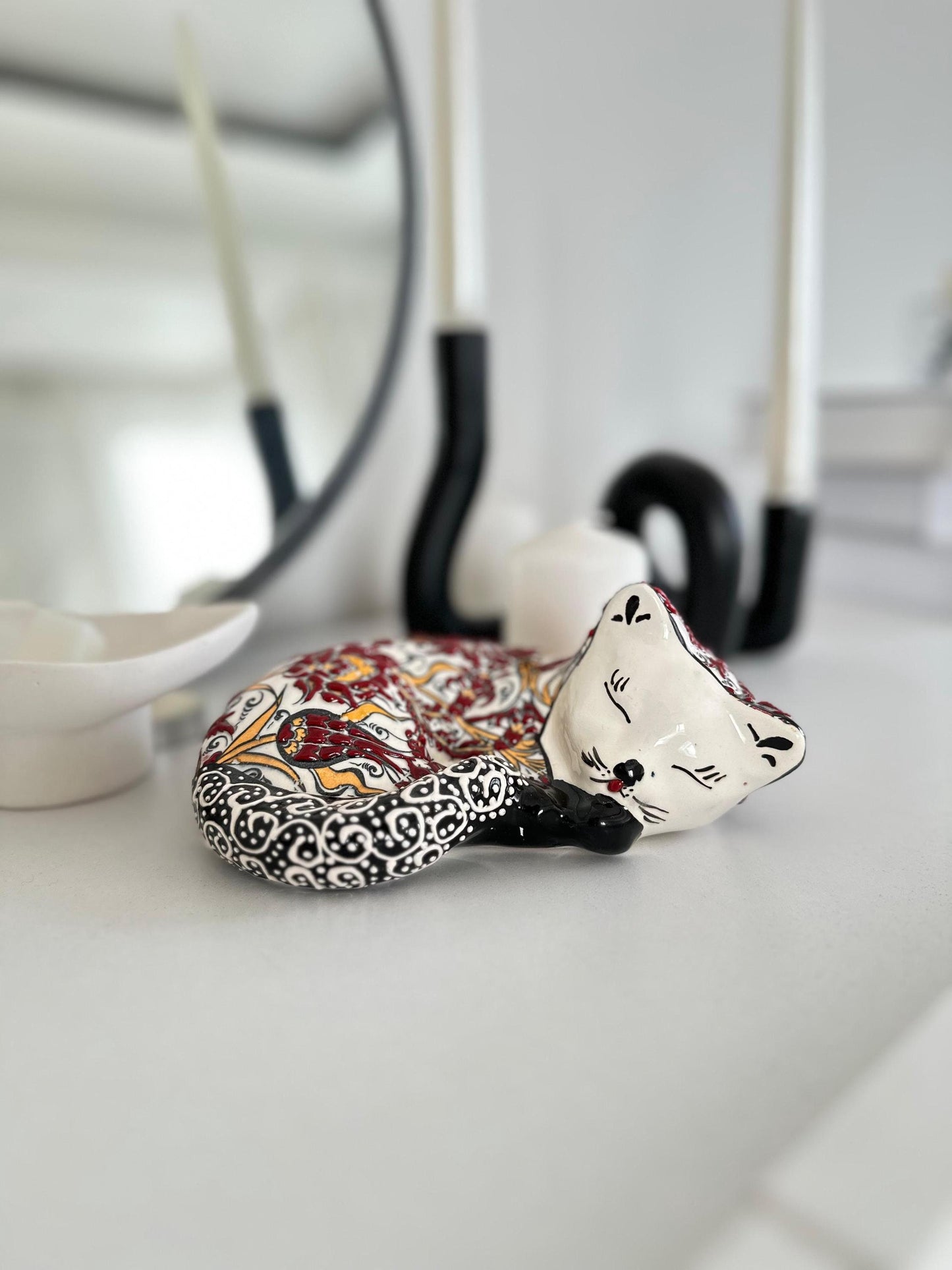 Hand-Painted Ceramic Cat Figurine β Turkish Decorative Art, Unique Gift Idea, Floral Pattern, Home Decor Accent, Artisan-Made Sculpture