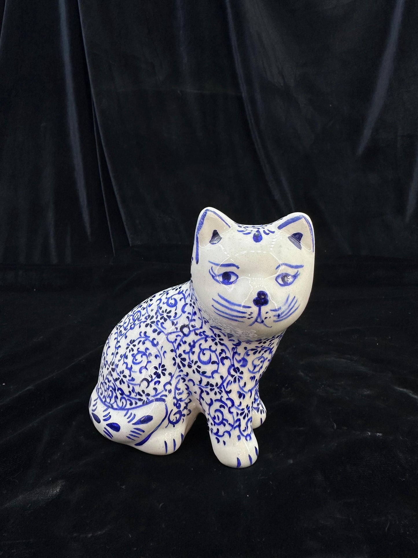 Hand-Painted Ceramic Cat Figurine β Turkish Blue Floral Ornament for Home Decor, Unique Valentine's Day Gift Idea for Cat Lovers