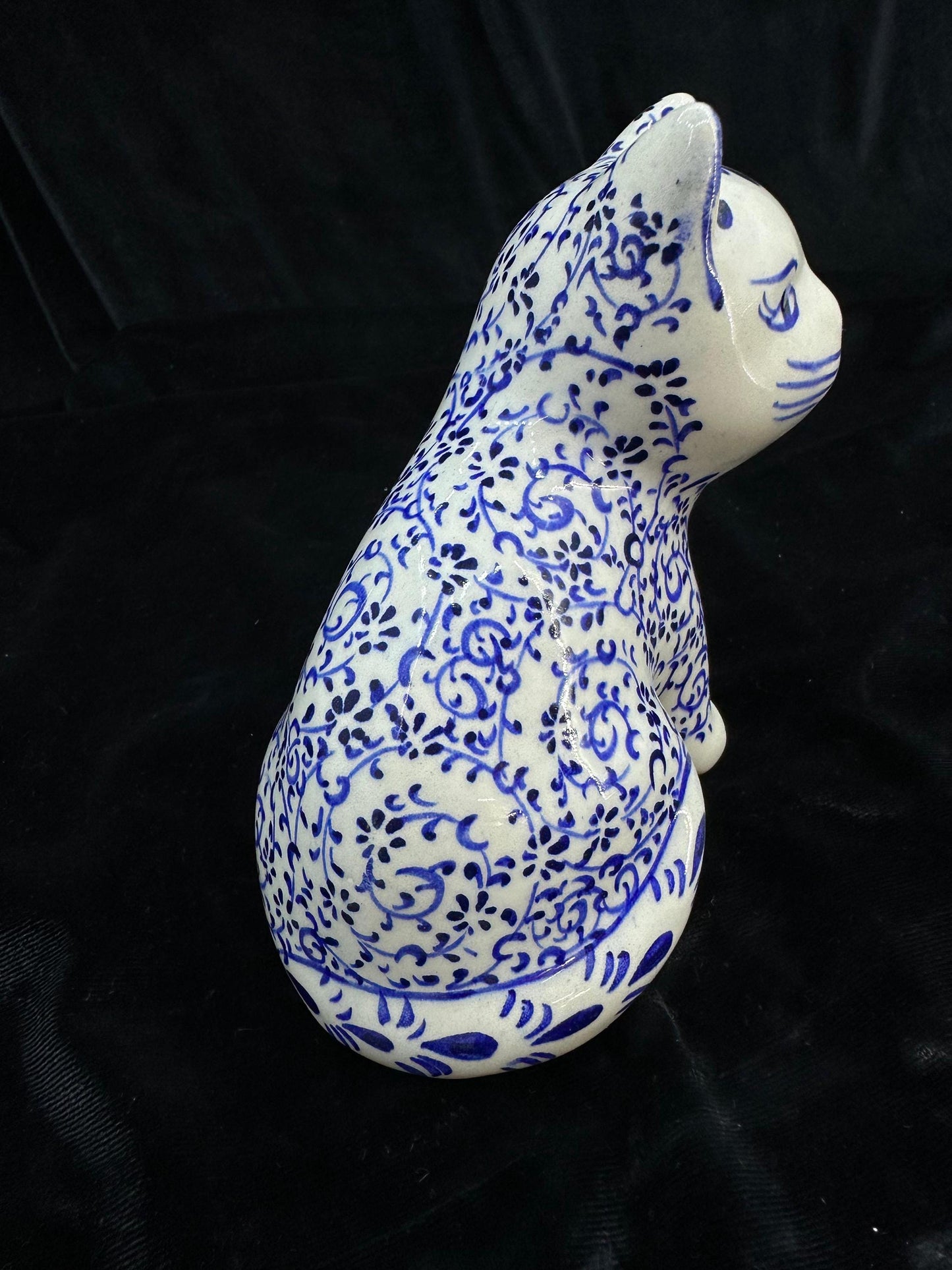 Hand-Painted Ceramic Cat Figurine β Turkish Blue Floral Ornament for Home Decor, Unique Valentine's Day Gift Idea for Cat Lovers