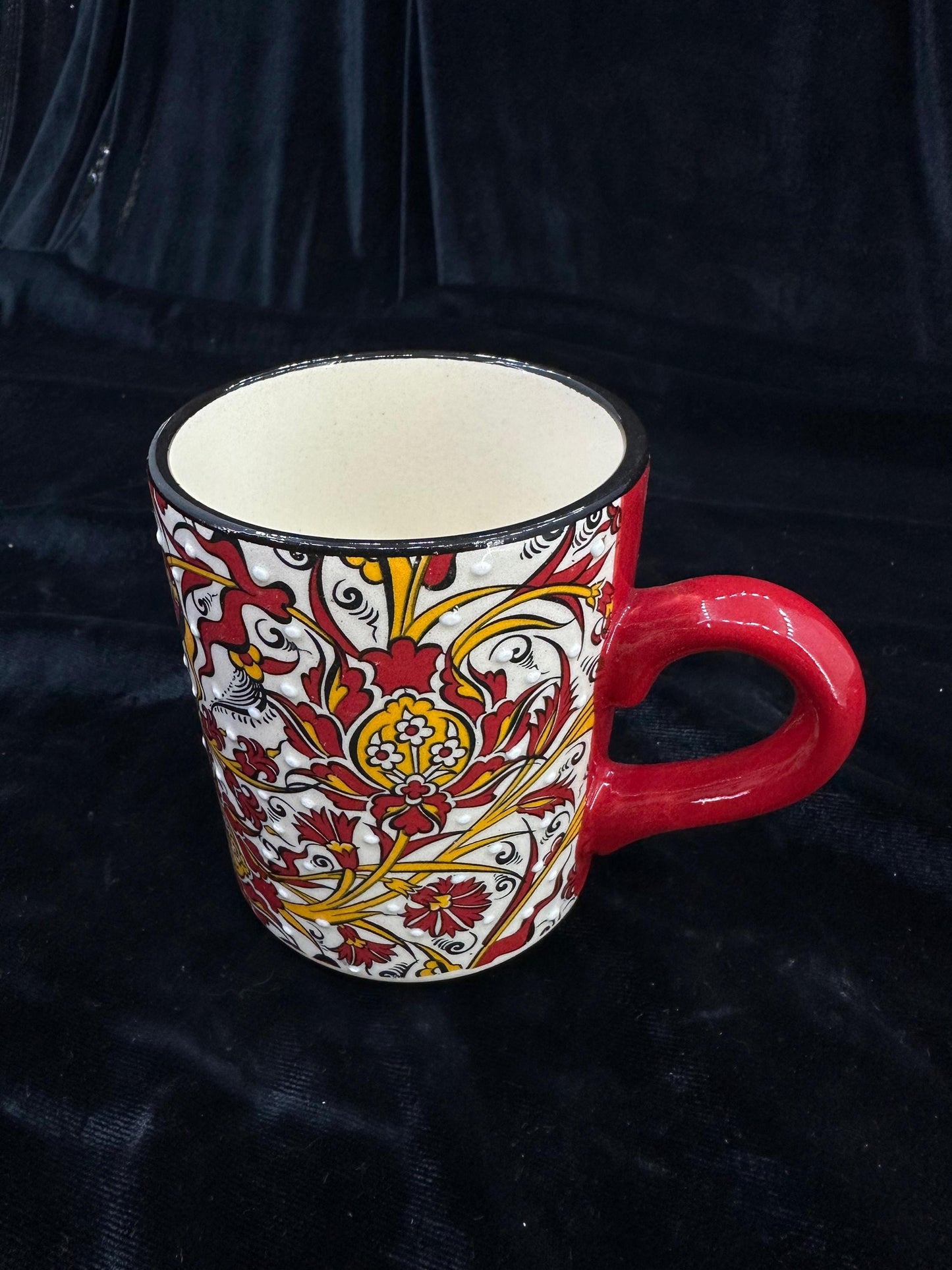 Hand-Painted Turkish Ceramic Mug – Red Floral Design, Unique Coffee or Tea Cup, Perfect Gift for Art Lovers