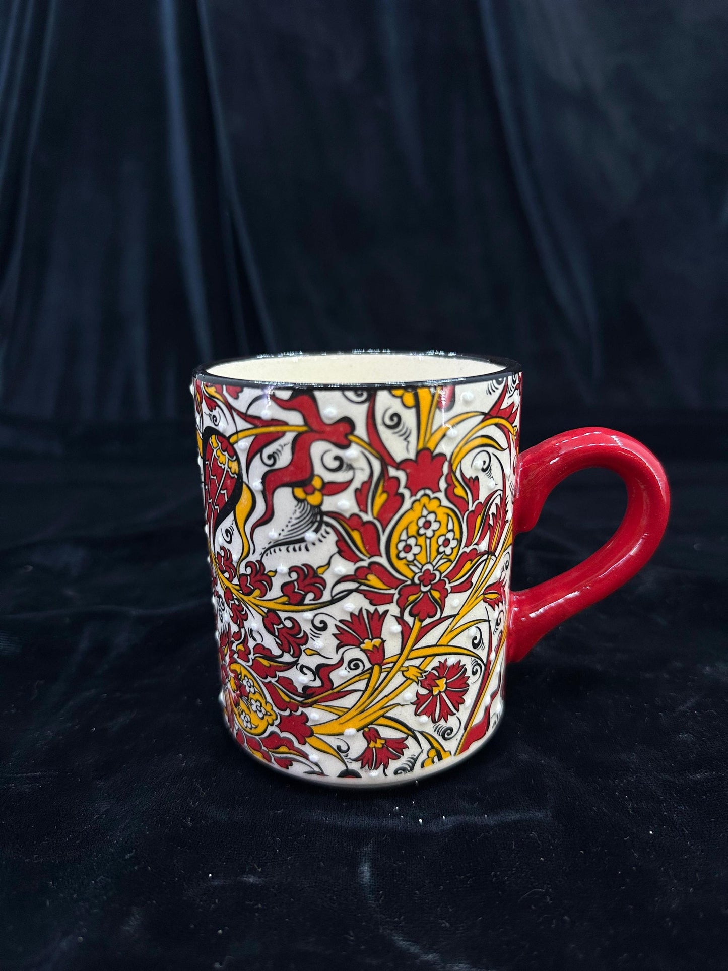 Hand-Painted Turkish Ceramic Mug – Red Floral Design, Unique Coffee or Tea Cup, Perfect Gift for Art Lovers