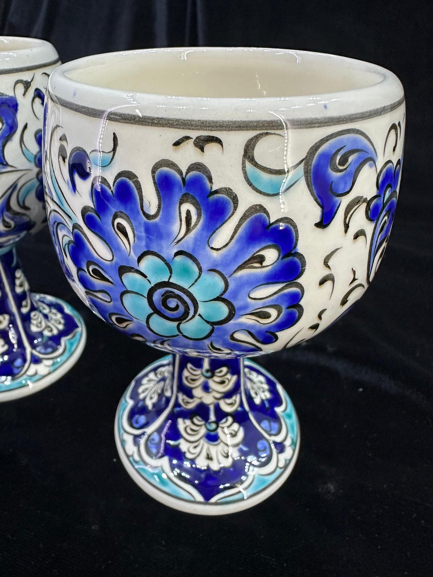 Handmade Ceramic Goblet Set of 2 - Traditional Turkish Design - Decorative Blue and White Chalices - Unique Gift for Wine Lovers