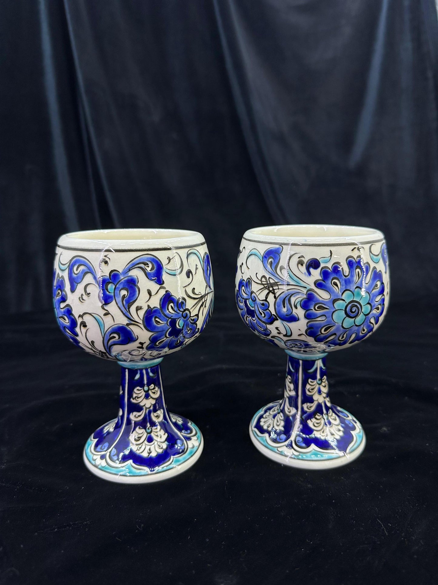 Handmade Ceramic Goblet Set of 2 - Traditional Turkish Design - Decorative Blue and White Chalices - Unique Gift for Wine Lovers