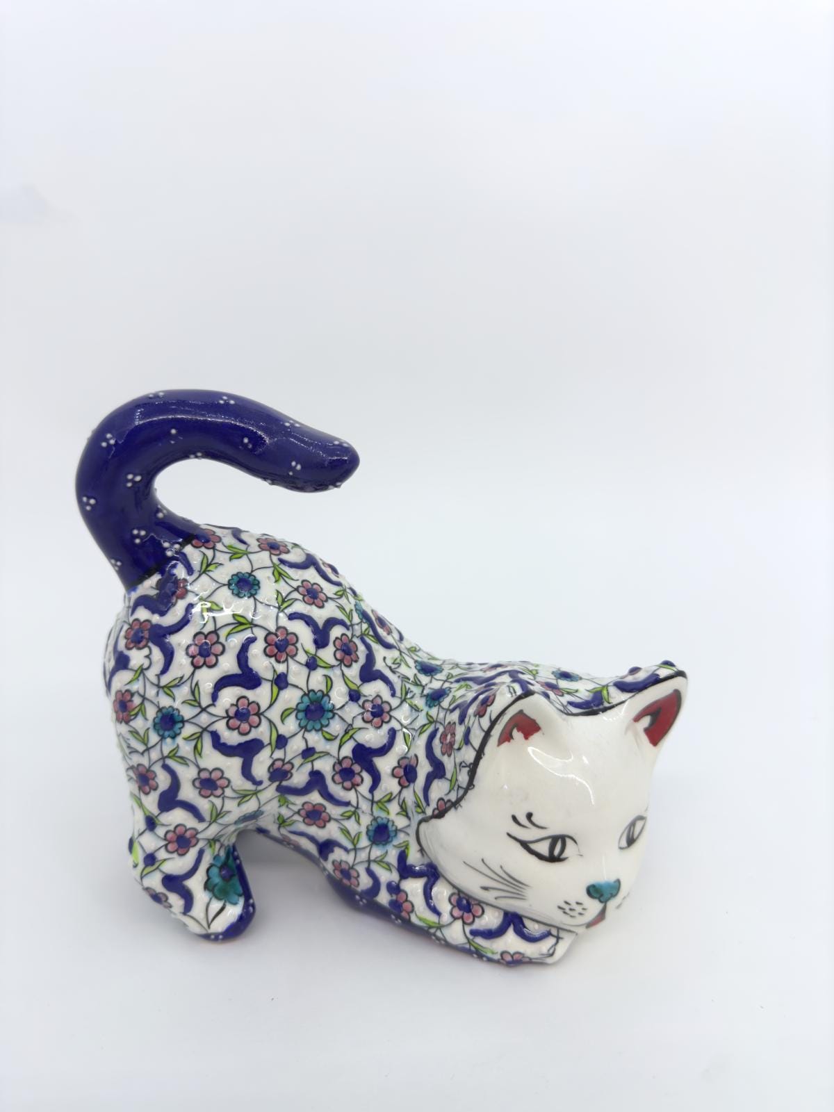 Hand-Painted Ceramic Cat Figurine β Turkish Blue Floral Ornament for Home Decor, Unique Valentine's Day Gift Idea for Cat Lovers