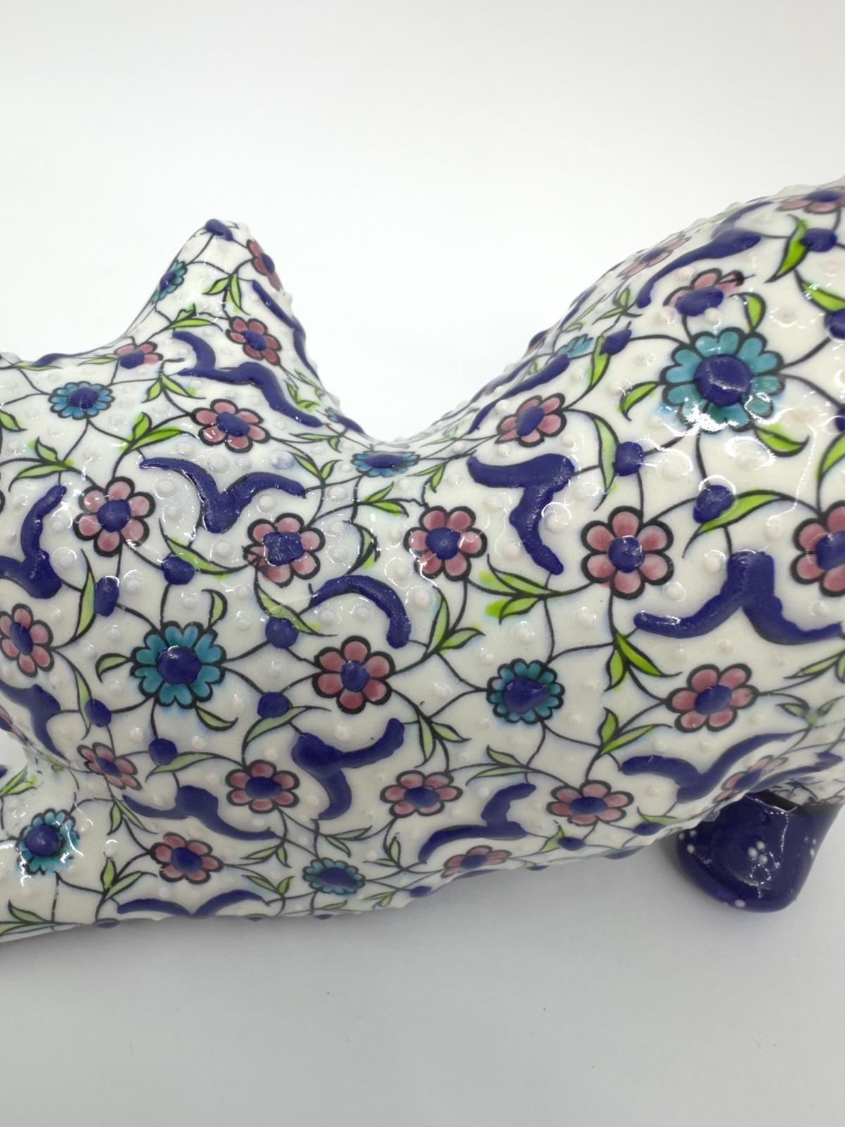 Hand-Painted Ceramic Cat Figurine β Turkish Blue Floral Ornament for Home Decor, Unique Valentine's Day Gift Idea for Cat Lovers