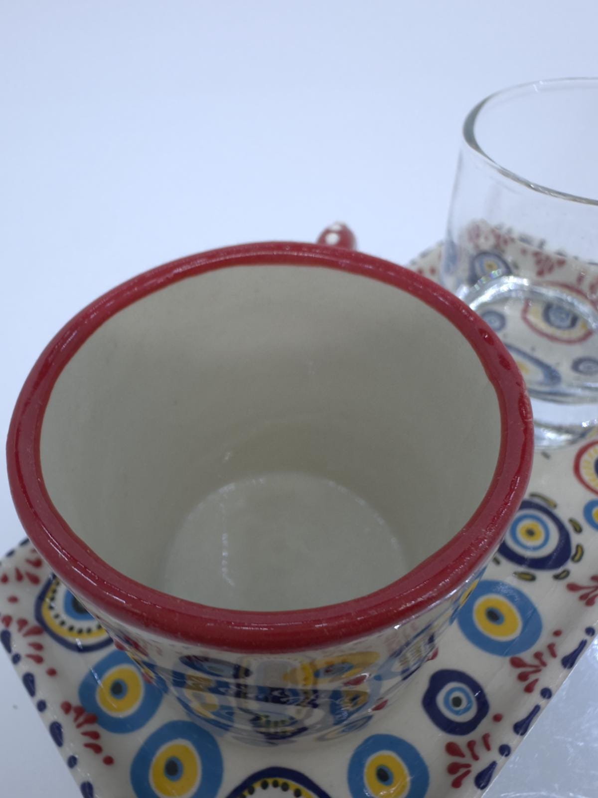 Evil Eye Turkish Coffee Set – Handmade Ceramic Coffee Cups with Saucers, Traditional Turkish Coffee Set with Glass Water Cup