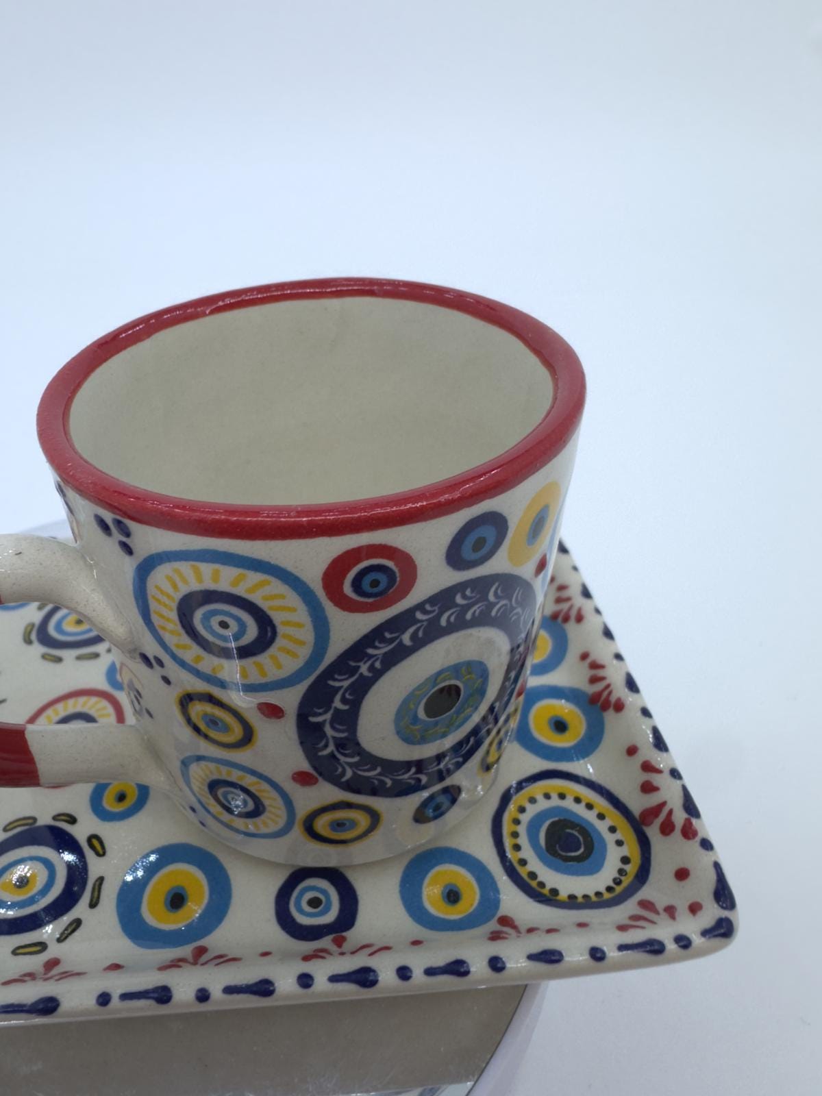 Evil Eye Turkish Coffee Set – Handmade Ceramic Coffee Cups with Saucers, Traditional Turkish Coffee Set with Glass Water Cup