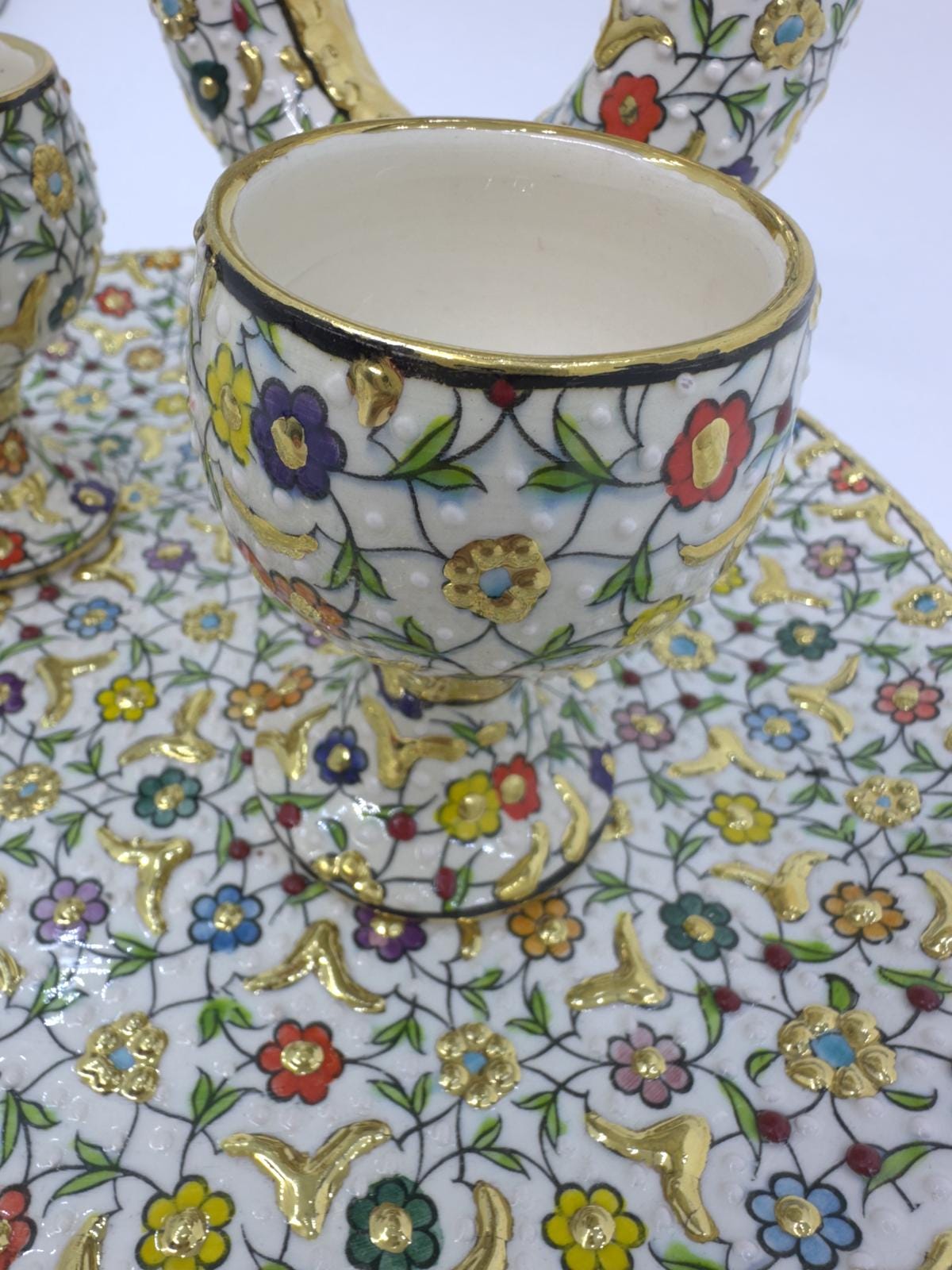 turkish ceramic set,hitit pitcher,floral tray,gold goblets,handmade decor,ottoman art,boho home gift,turkish pottery set