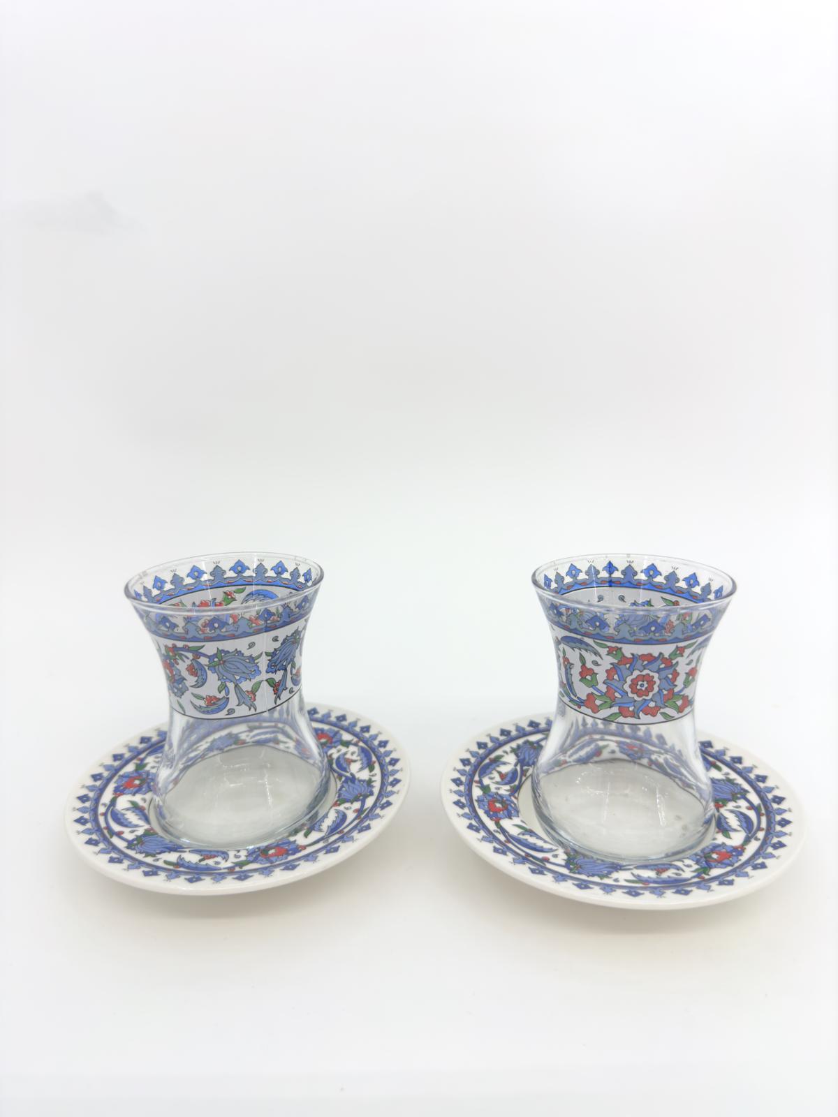 Handmade Turkish Ceramic Tea Set for Two – Traditional Glass Teacups with Saucers, Ideal Housewarming Gift