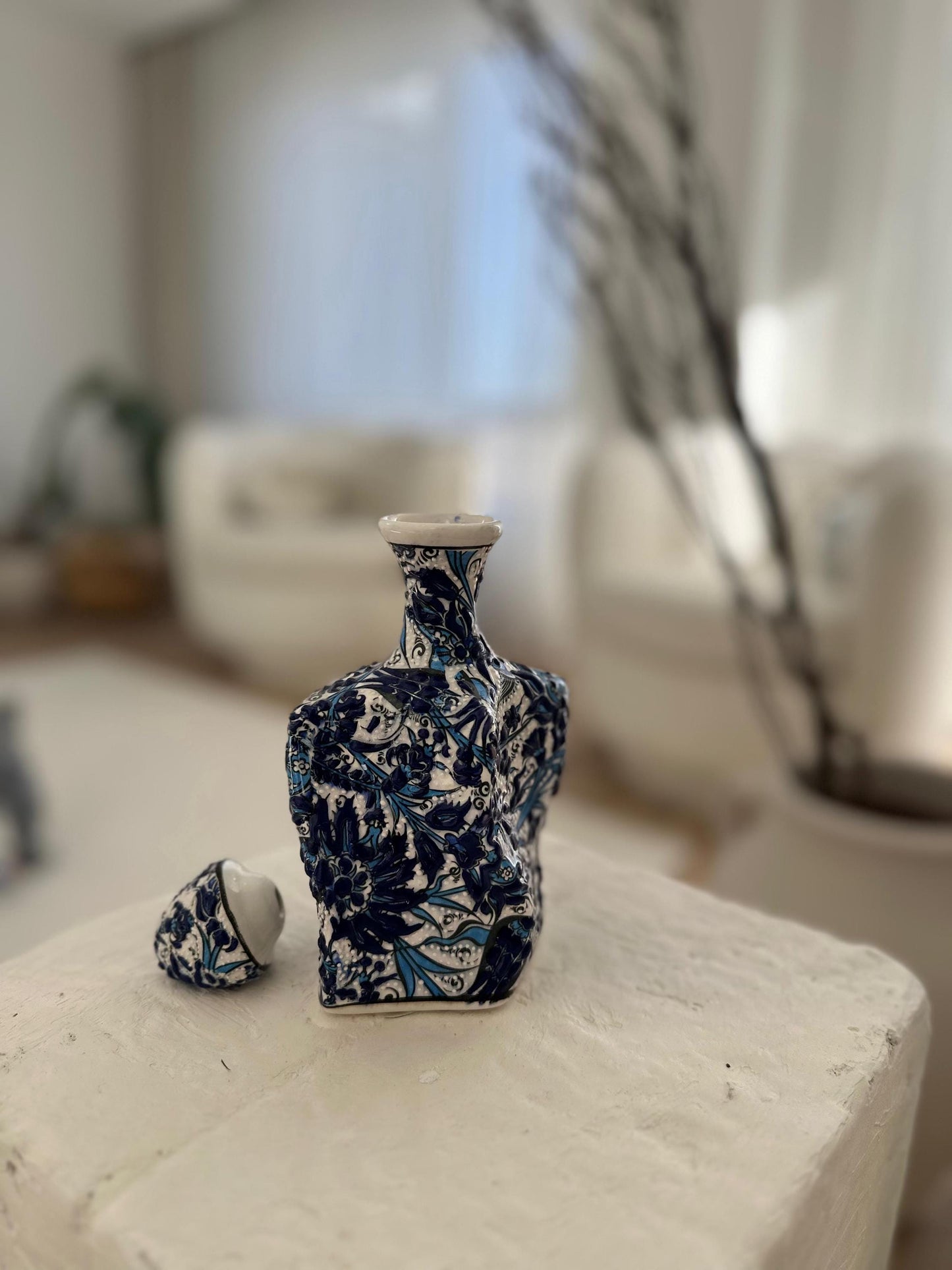 Handmade Ceramic Bottle β Blue Floral Design, Turkish Pottery, Unique Decorative Gift, Traditional Art for Home or Collection