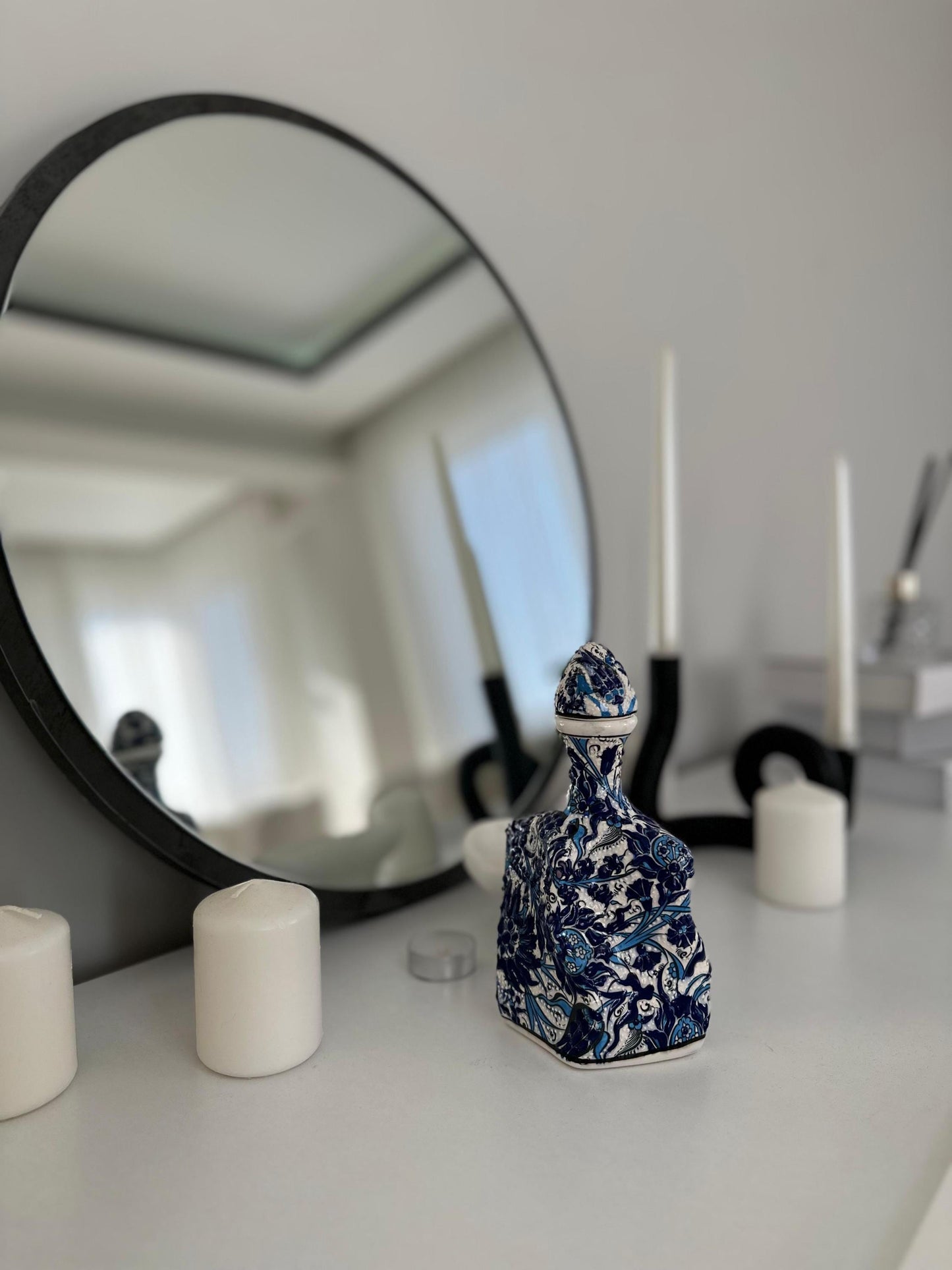 Handmade Ceramic Bottle β Blue Floral Design, Turkish Pottery, Unique Decorative Gift, Traditional Art for Home or Collection
