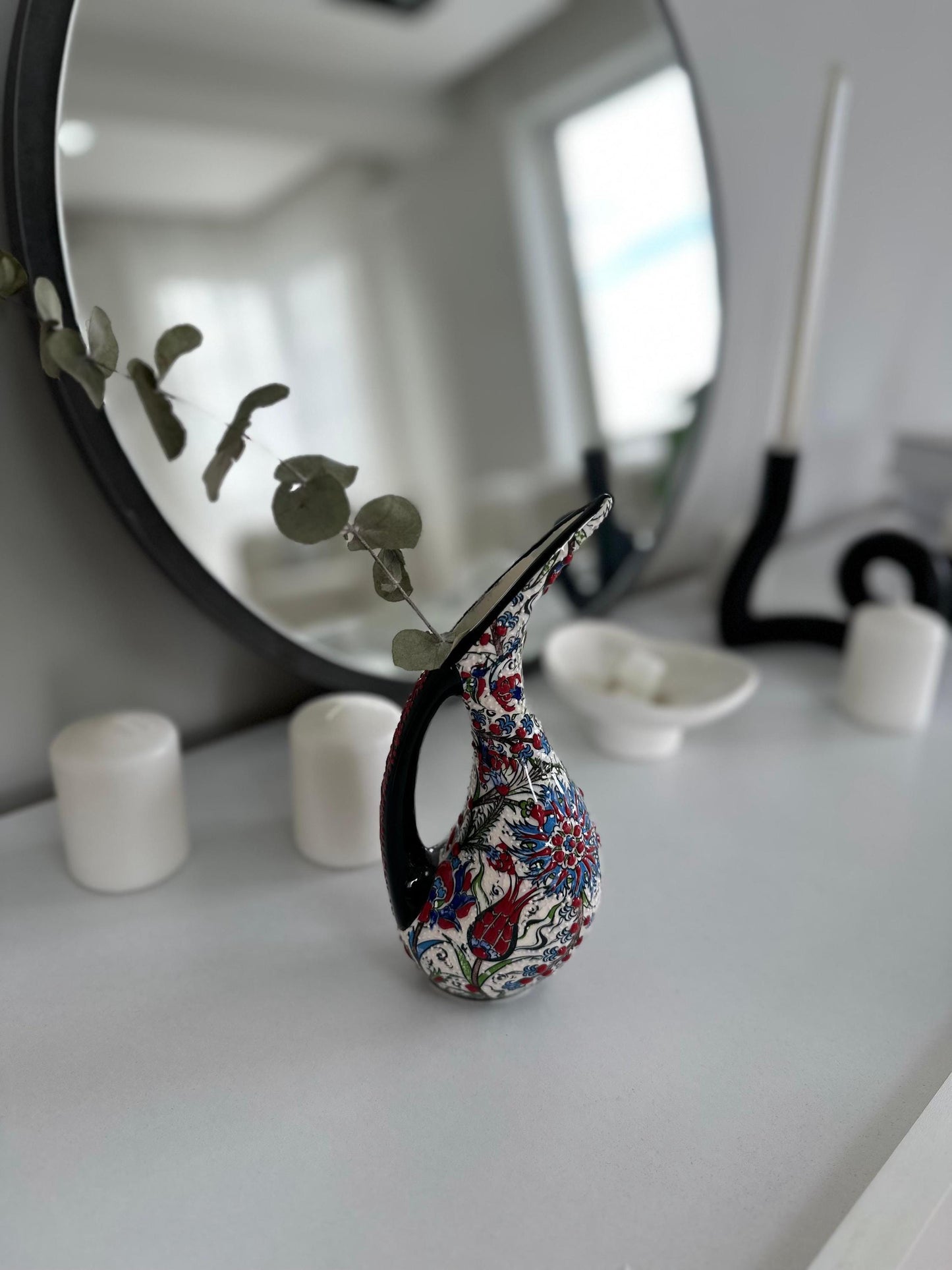 Handmade Turkish Pelican Ceramic Figurine - Iznik Style Decorative Ornament with Floral Patterns - Unique Home Decor Gift