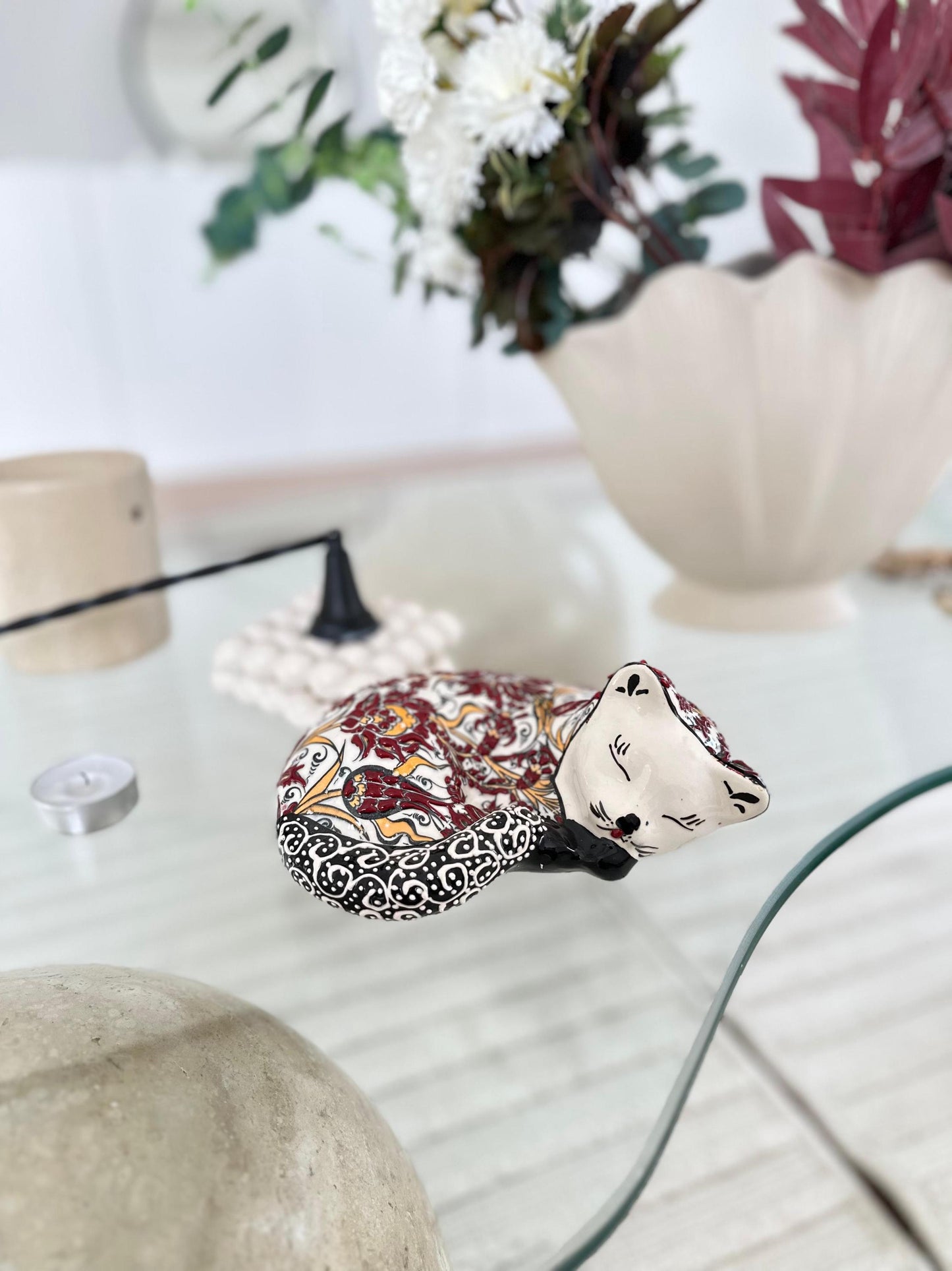 Hand-Painted Ceramic Cat Figurine β Turkish Decorative Art, Unique Gift Idea, Floral Pattern, Home Decor Accent, Artisan-Made Sculpture