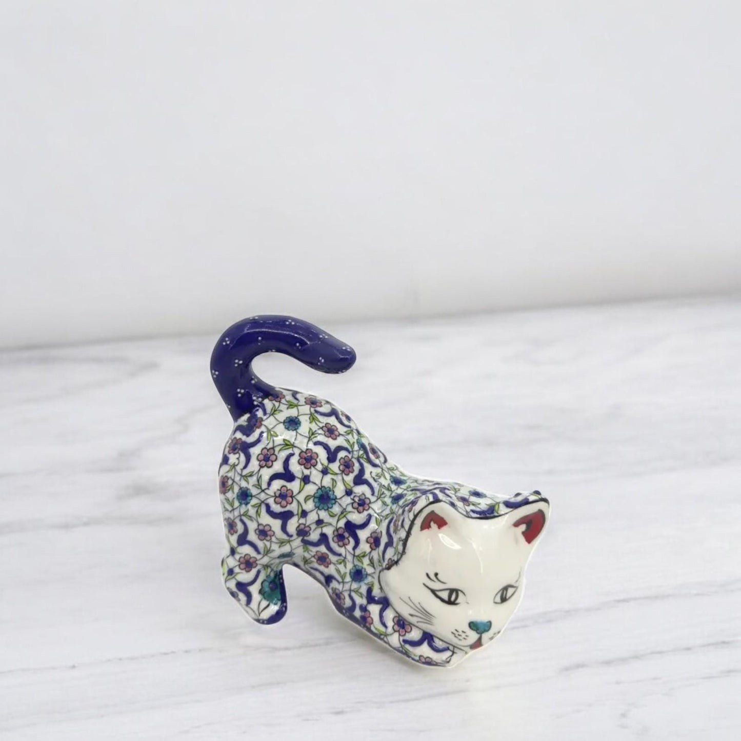Hand-Painted Ceramic Cat Figurine β Turkish Blue Floral Ornament for Home Decor, Unique Valentine's Day Gift Idea for Cat Lovers