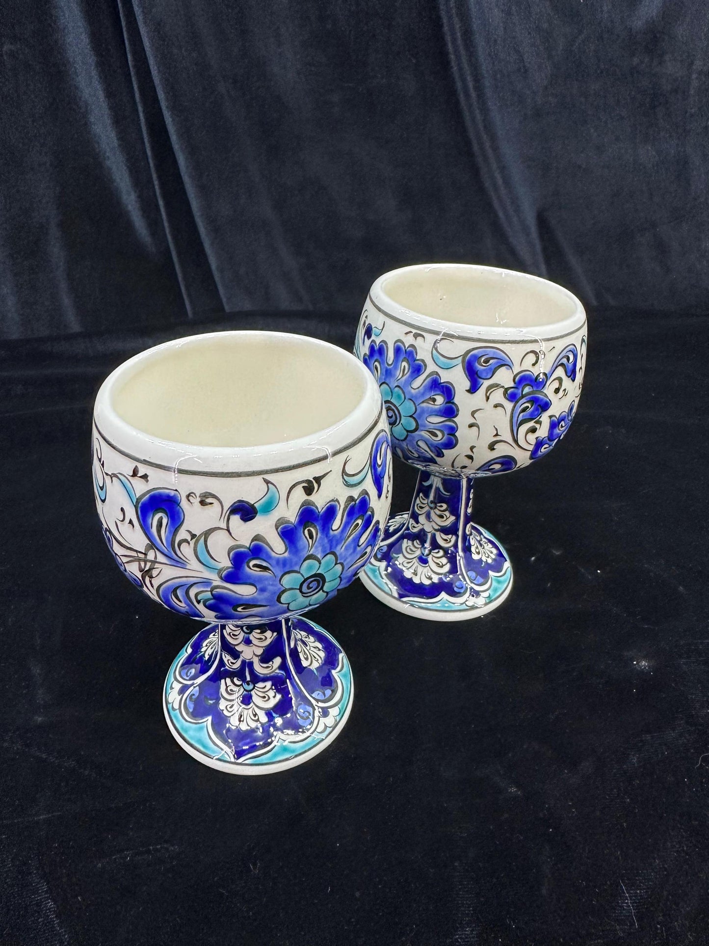 Handmade Ceramic Goblet Set of 2 - Traditional Turkish Design - Decorative Blue and White Chalices - Unique Gift for Wine Lovers