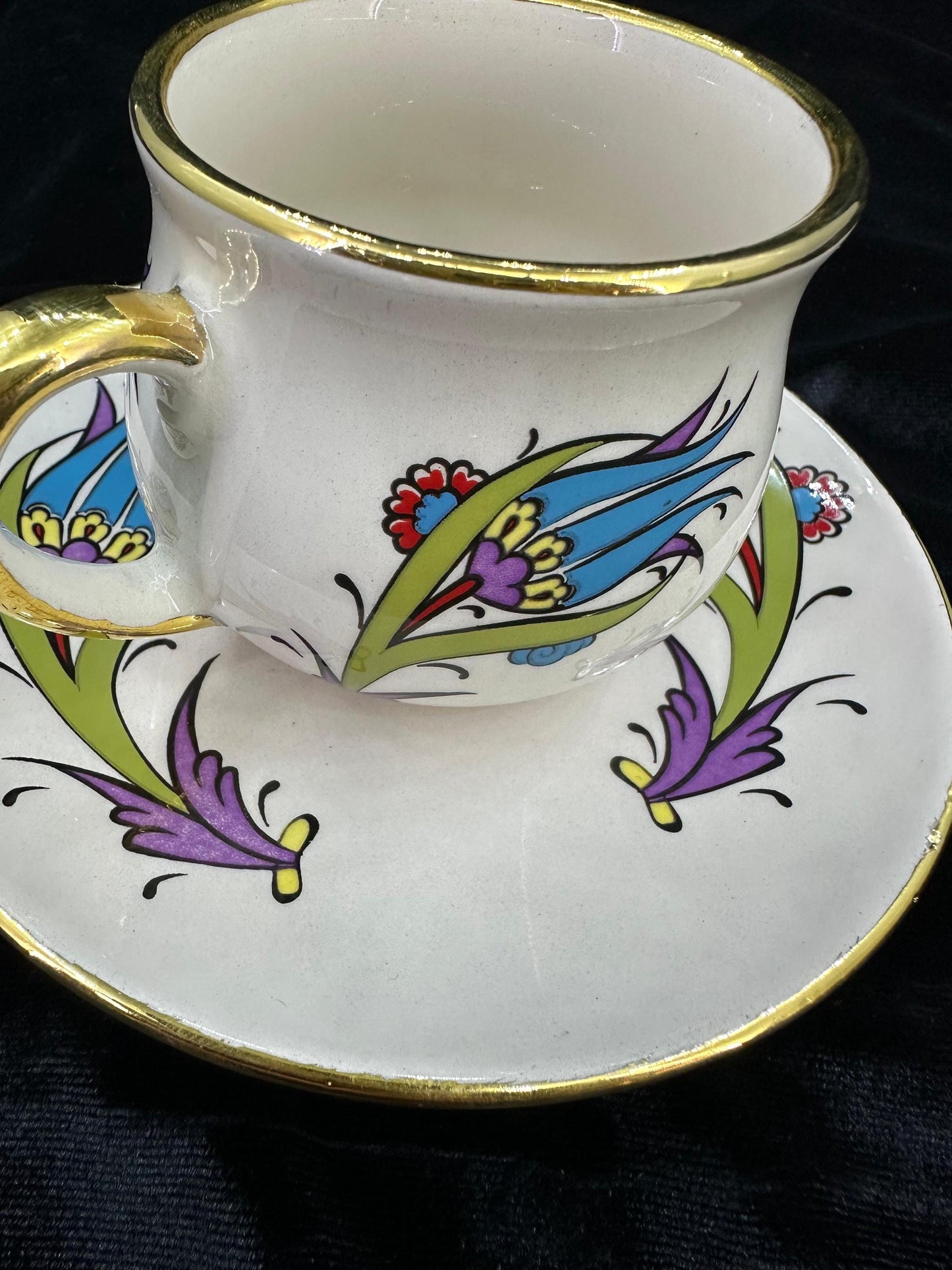 Hand-Painted Turkish Coffee Cup Set, Gold Trim, Floral Design, Ceramic, Gift for Coffee Lovers